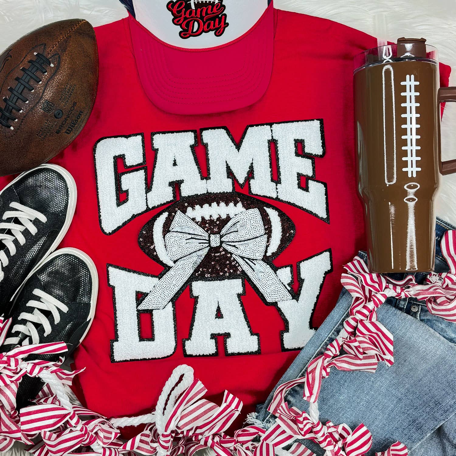 White Chenille Football Game Day with Sequin Bow Patch Red Everyday Tee Hoodie, Sweatshirt | PodTeesHub.com