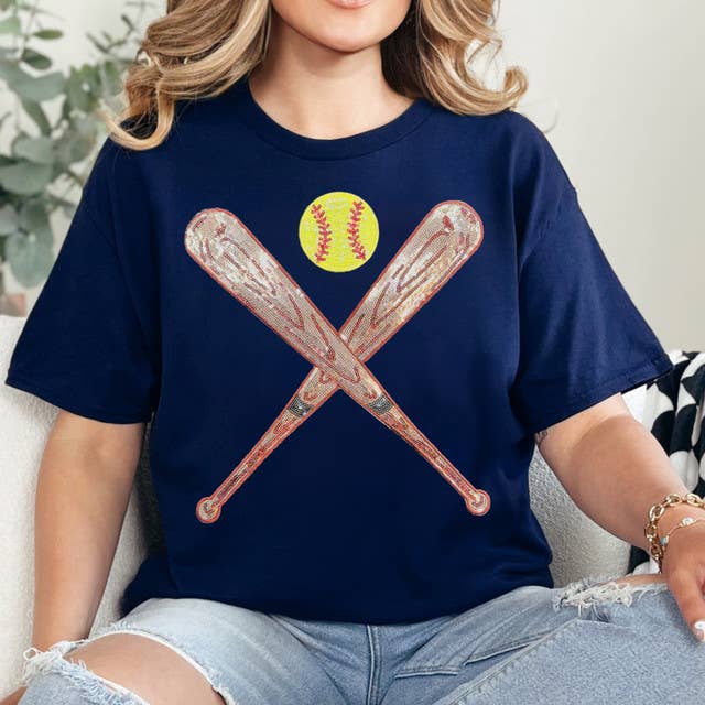 Sequin Bats and Softball Patch Navy Everyday Tee Hoodie, Sweatshirt | PodTeesHub.com