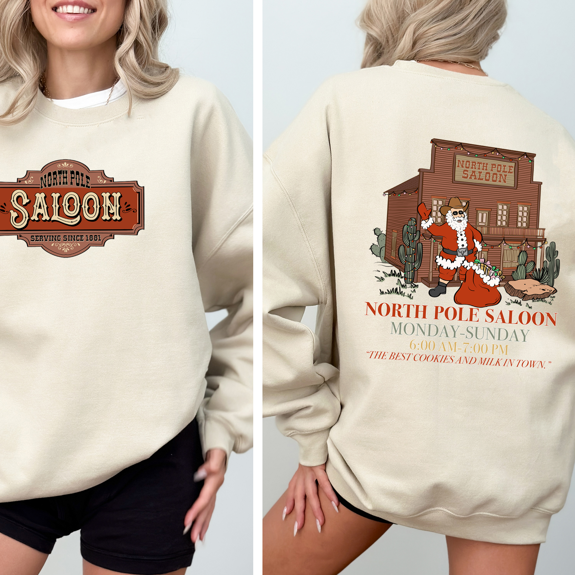 North Pole Saloon, Christmas Party Front and Back Sweatshirt T-Shirts, Hoodie | PodTeesHub.com