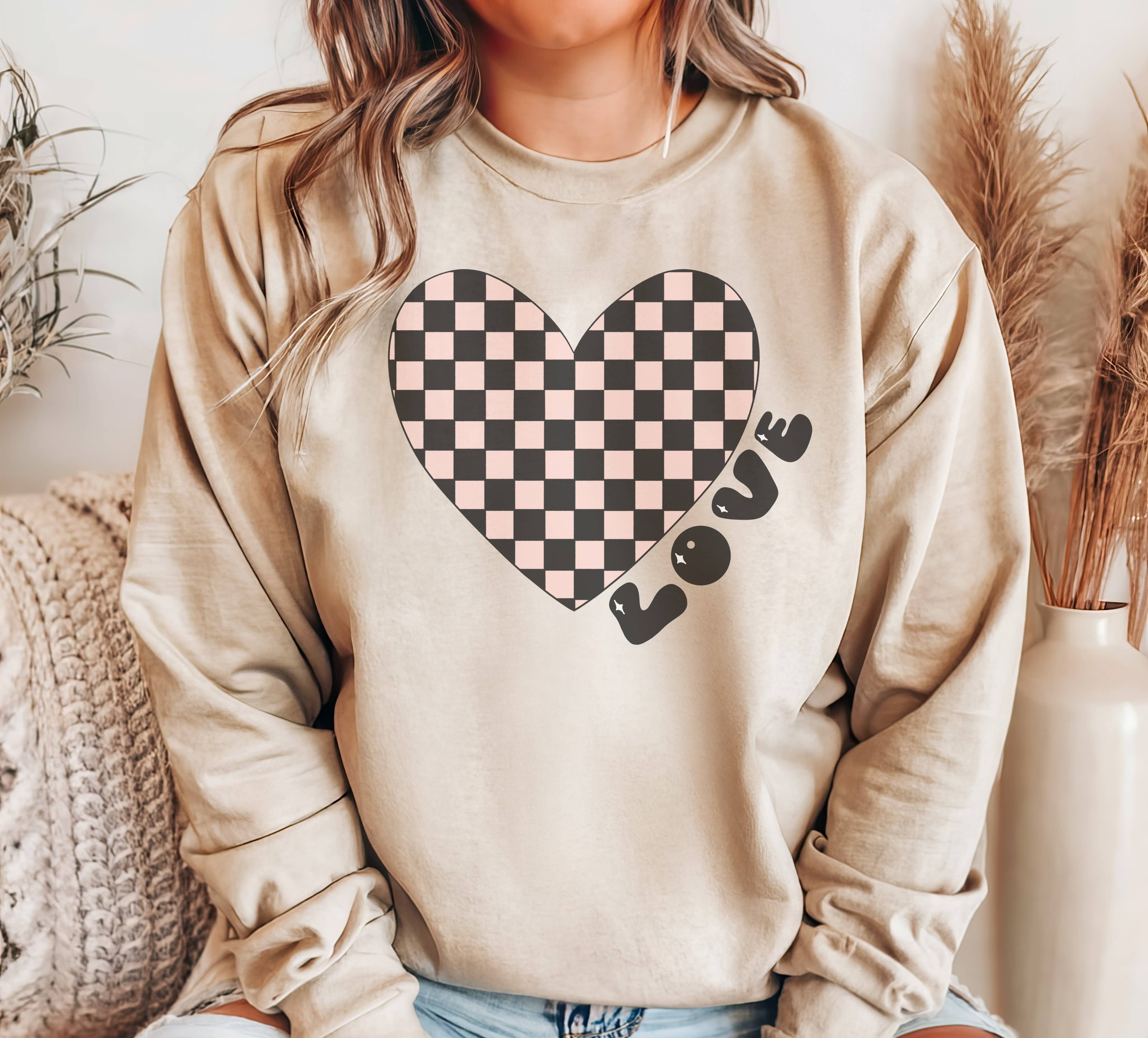 Checkered Heart Crew Neck Sweatshirt Valentines T-Shirts, Hoodie | PodTeesHub.com