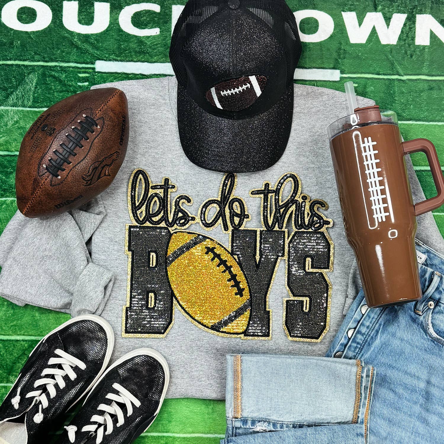 Let's Do This Boys Black/Gold Sequin Patch Sport Grey Crewneck Sweatshirt T-Shirts, Hoodie | PodTeesHub.com