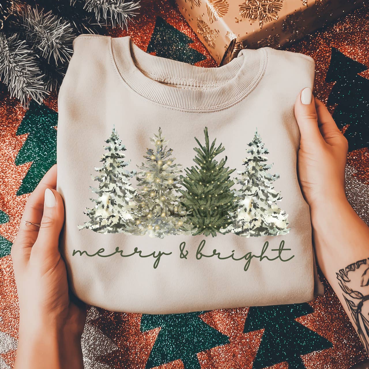 Merry & Bright Trees Sweatshirt & Long Sleeve T-Shirts, Hoodie | PodTeesHub.com