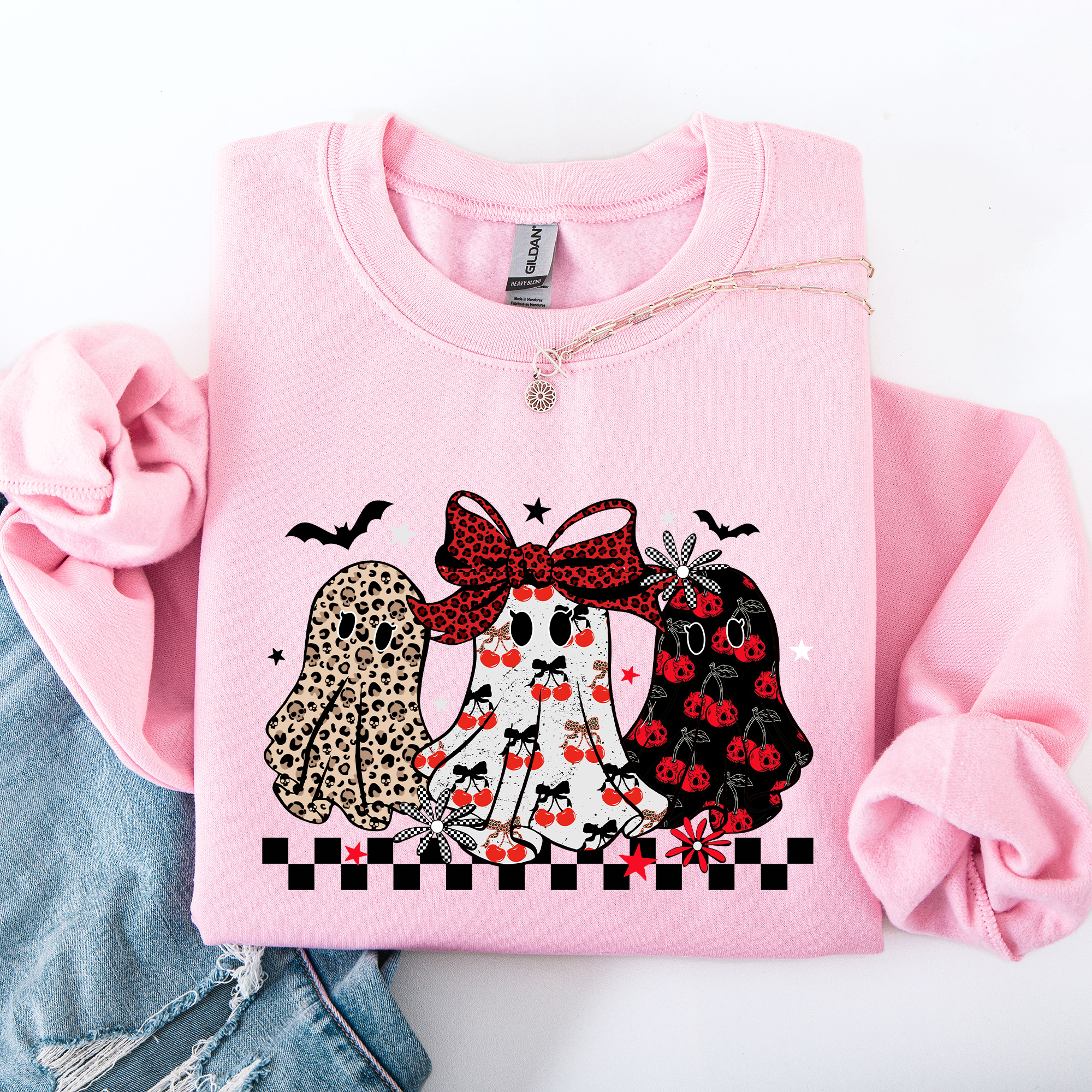 Retro Halloween Ghosts, Checkered, Pattern Sweatshirt T-Shirts, Hoodie | PodTeesHub.com