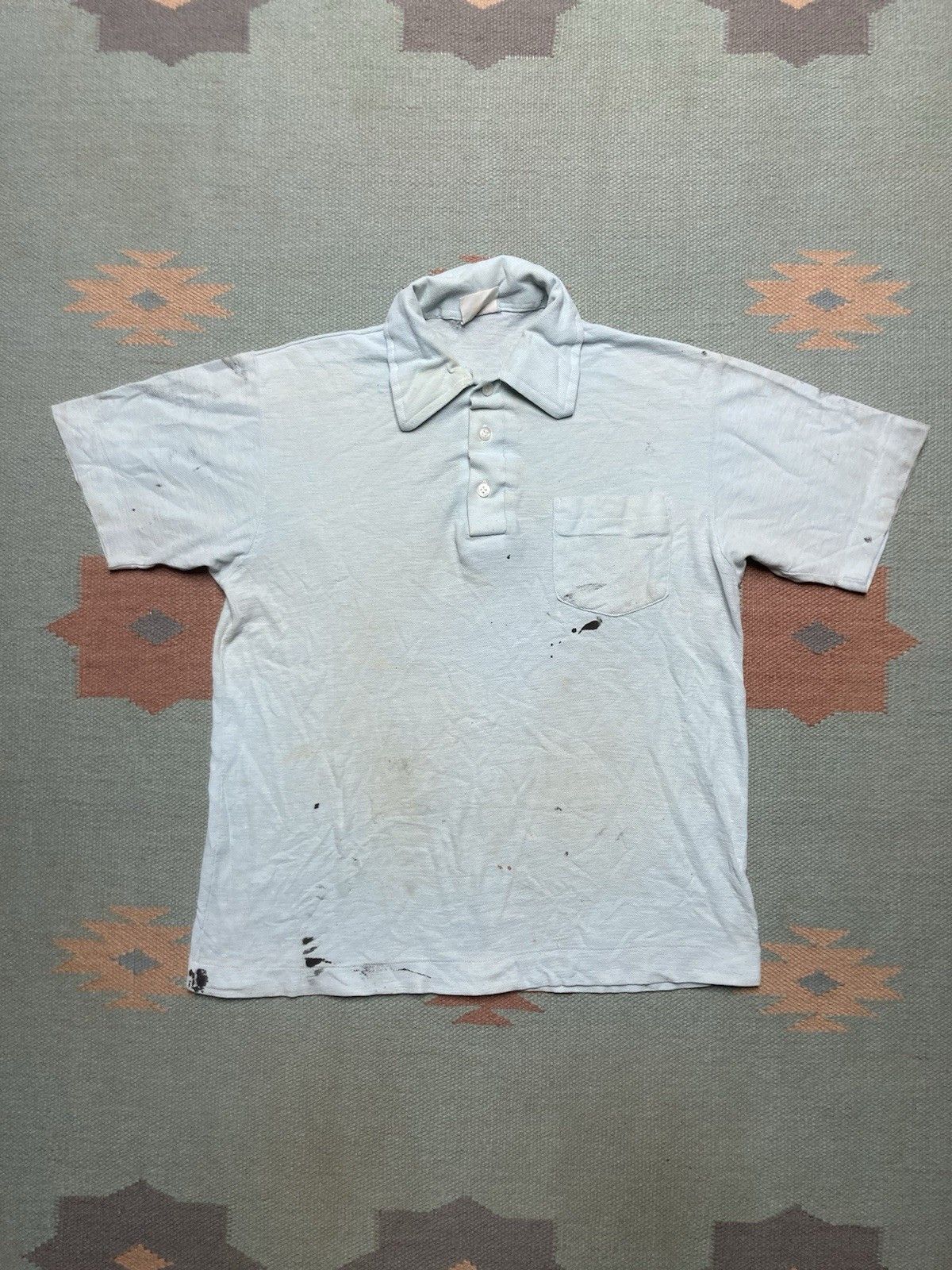 Vintage Vtg 70s 80s Polo Shirt Paint Stained Light Blue Boxy Medium Hoodie, Sweatshirt | PodTeesHub.com