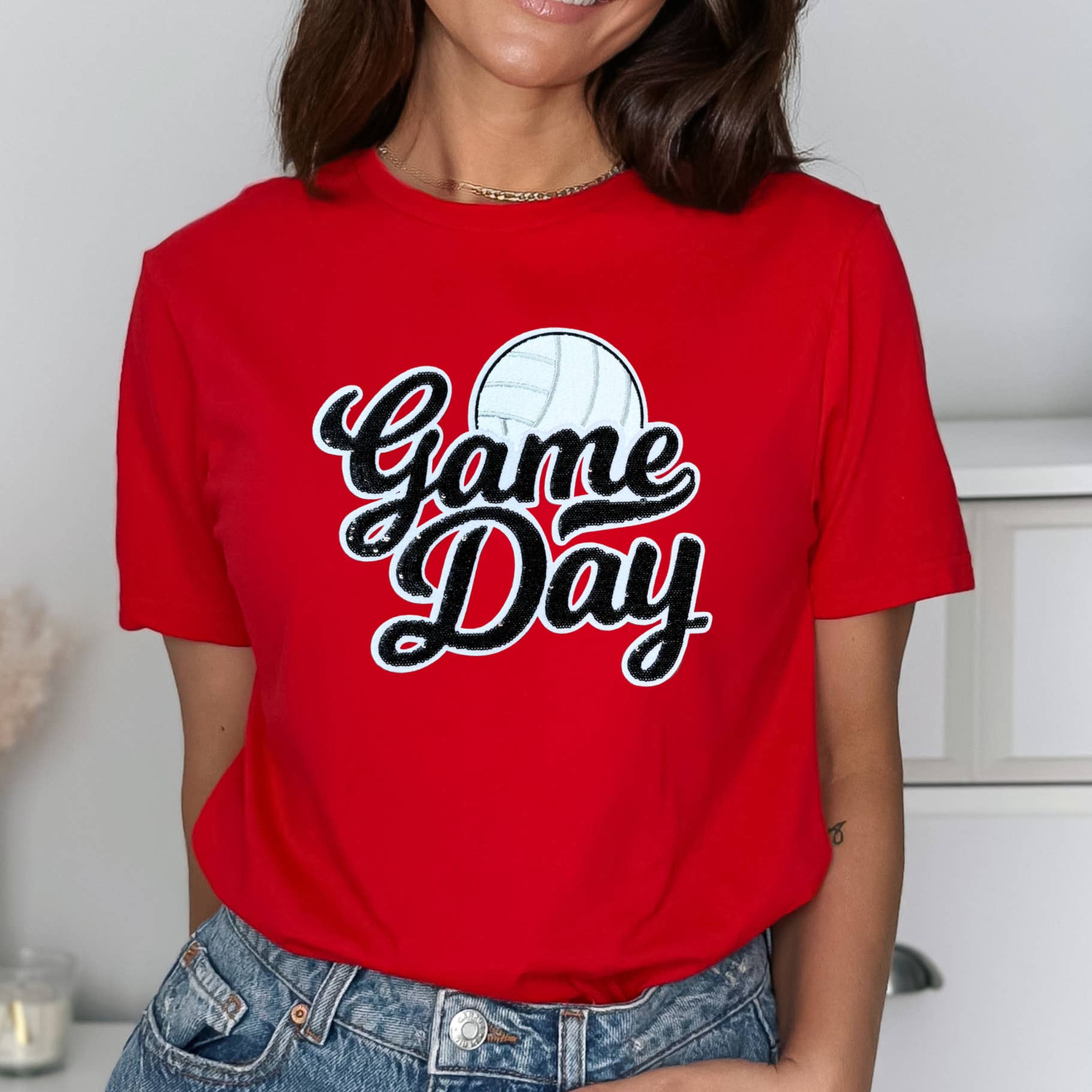 Black Sequin Volleyball Game Day Patch Red Everyday Tee Hoodie, Sweatshirt | PodTeesHub.com