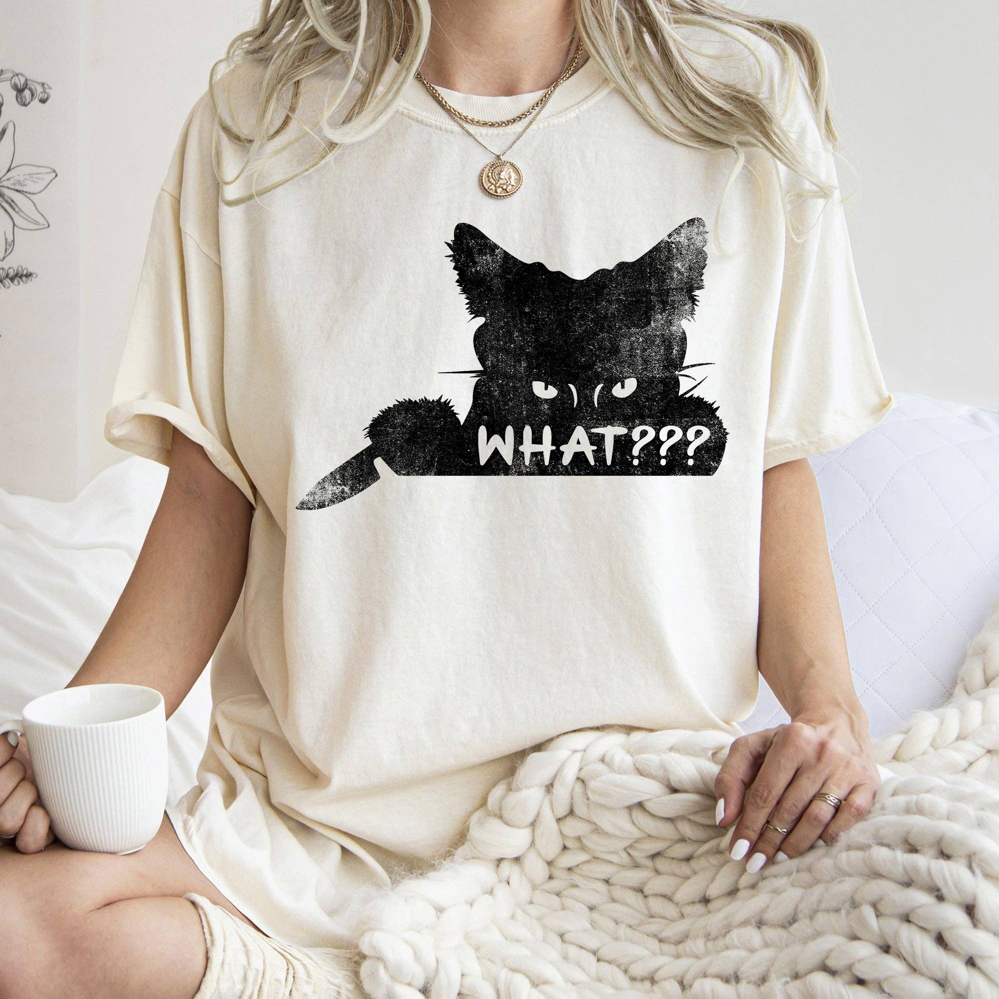 What? Cat and Knife Retro Halloween T-Shirt Black Print Hoodie, Sweatshirt | PodTeesHub.com