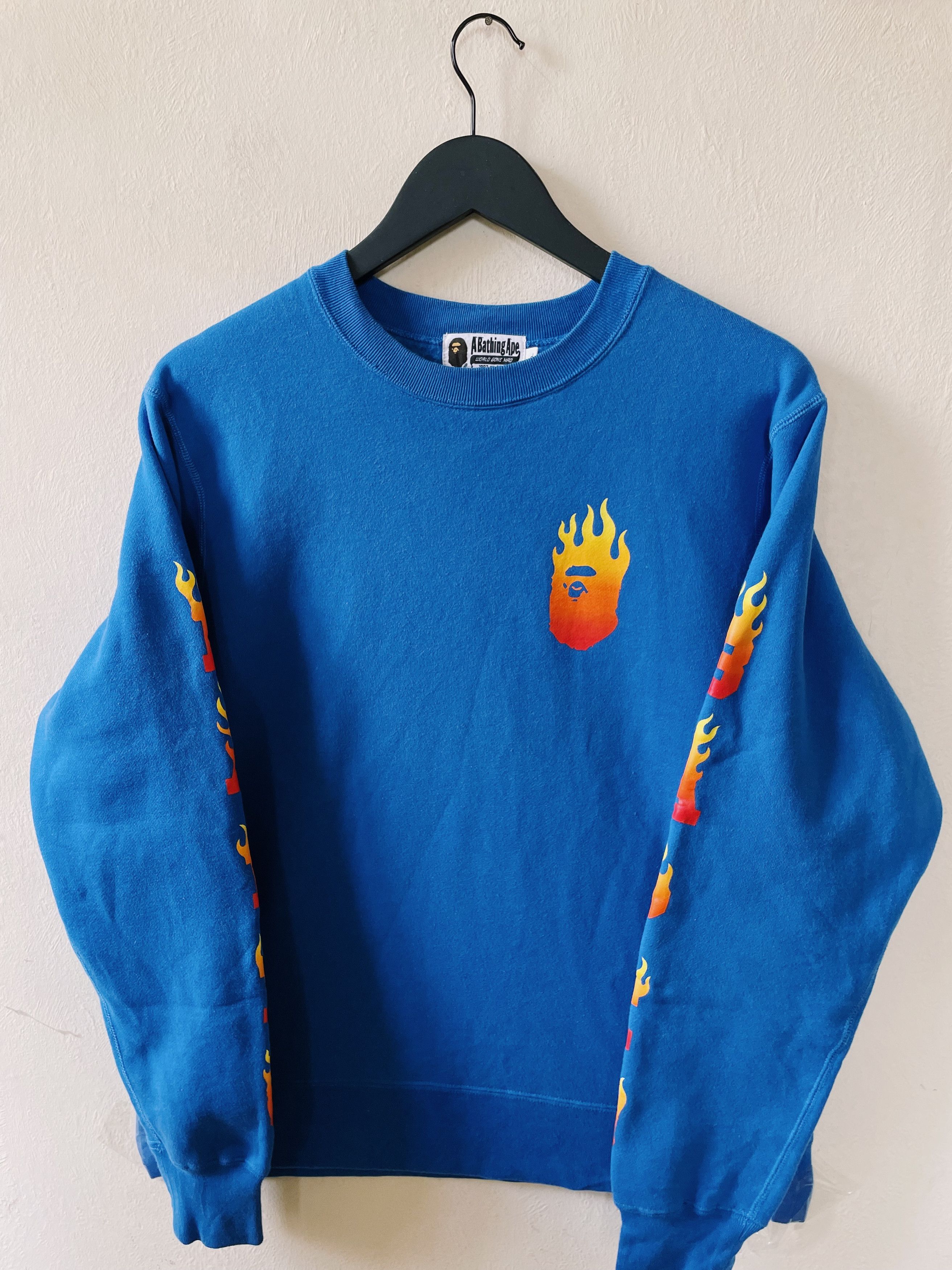 Bape A Bathing Ape Sleeve Spell Out Flame Logo Crewneck T-Shirts, Hoodie, Sweatshirt | PodTeesHub.com