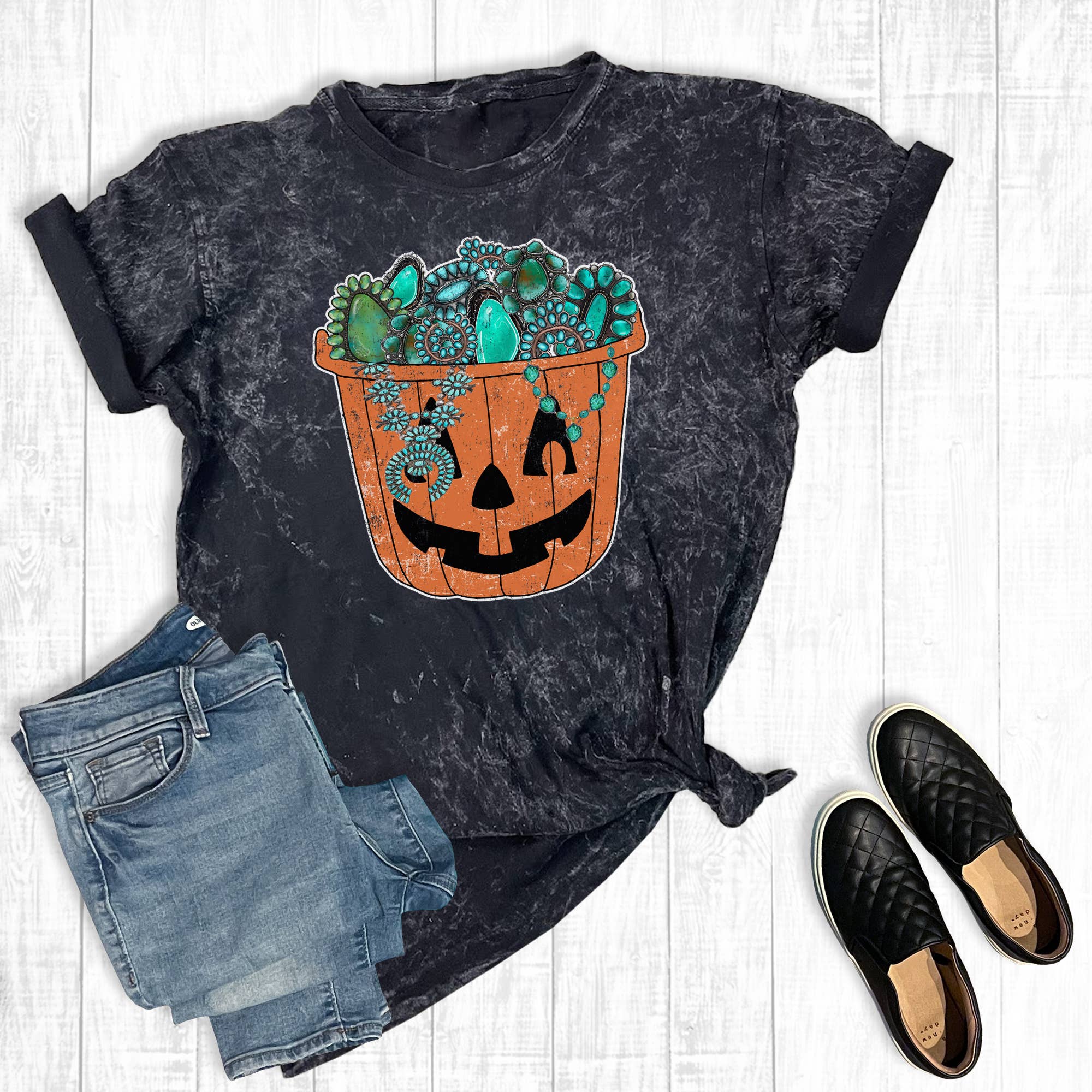 Western Turquoise Pumpkin Bucket Mineral Wash Graphic Tee Hoodie, Sweatshirt | PodTeesHub.com