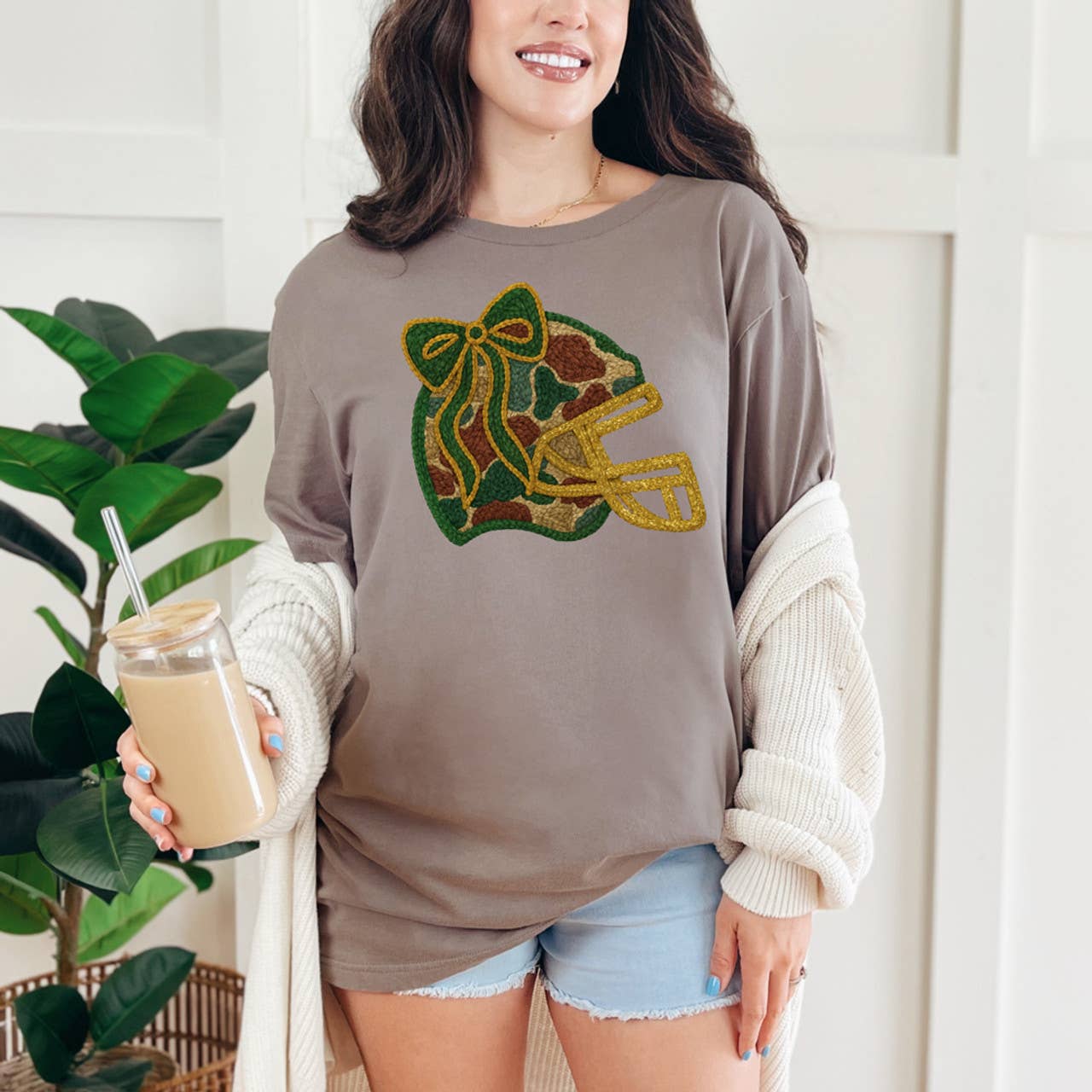Faux Yarn Camo Bow Football Helmet Tee Hoodie, Sweatshirt | PodTeesHub.com