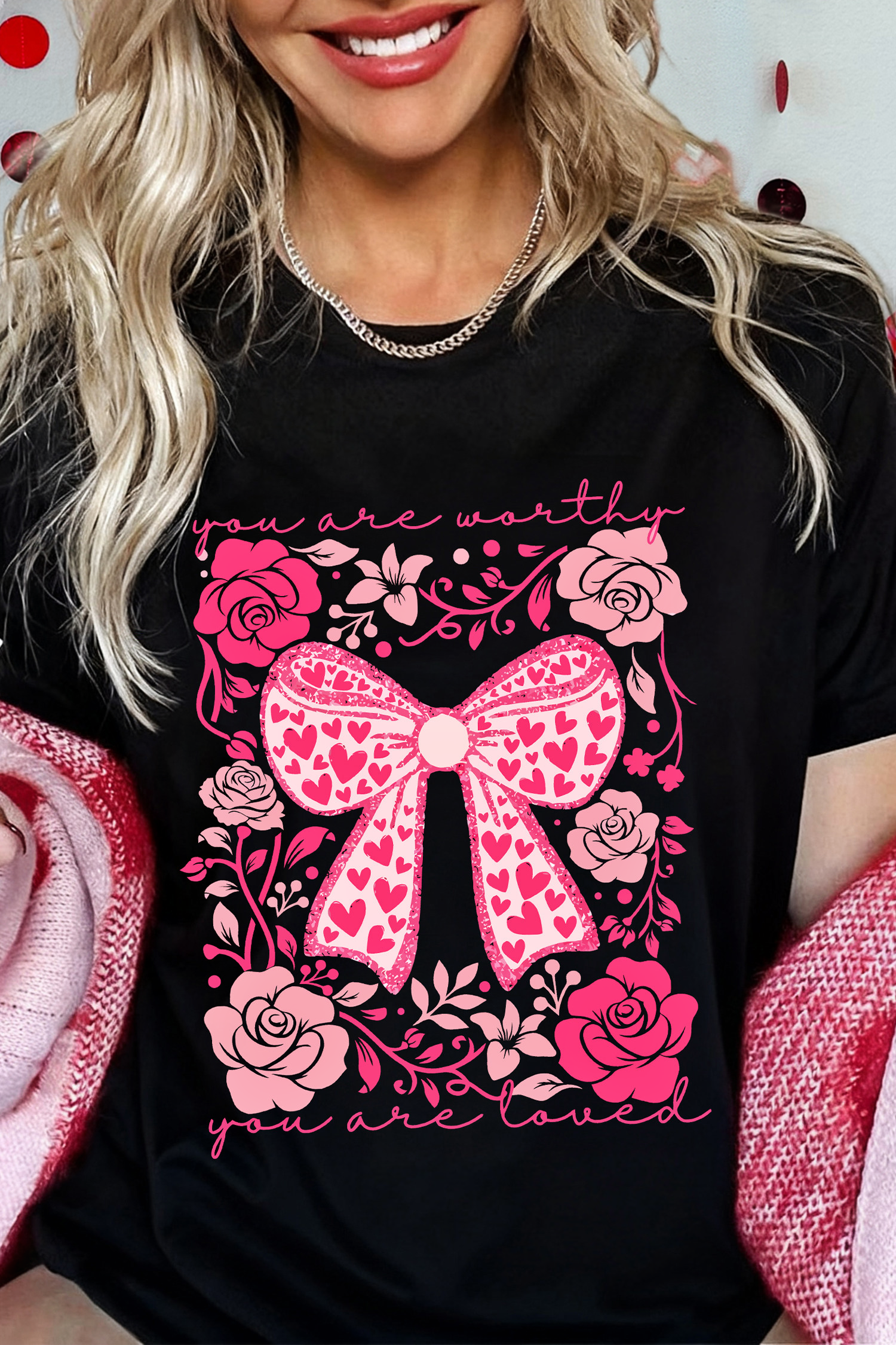 Valentines Day Slogan Floral and Bow Printed T Shirt (S-3XL) Hoodie, Sweatshirt | PodTeesHub.com