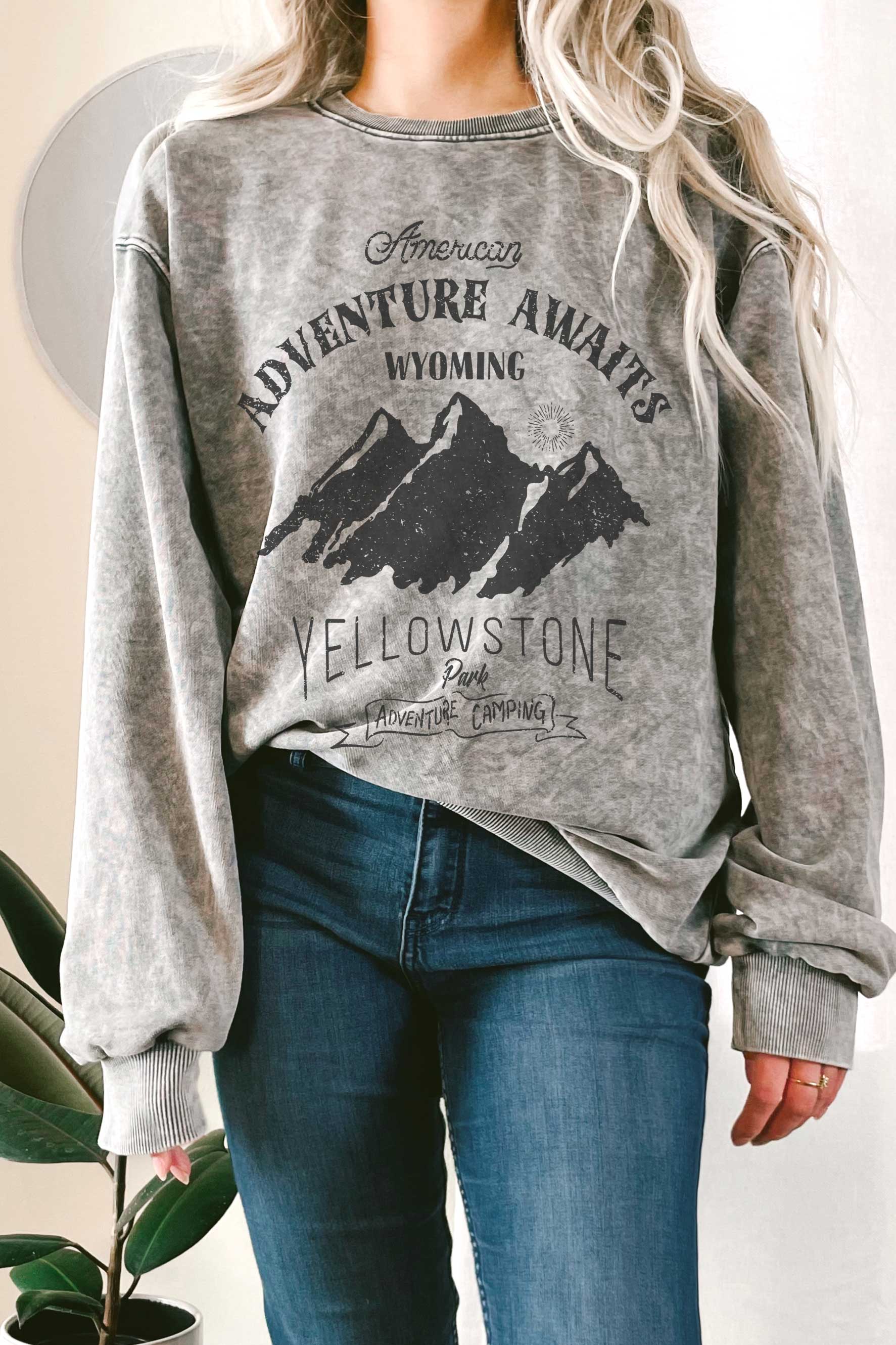 Adventure Awaits Yellowston  Ineral Graphic Terry Sweatshirt T-Shirts, Hoodie | PodTeesHub.com