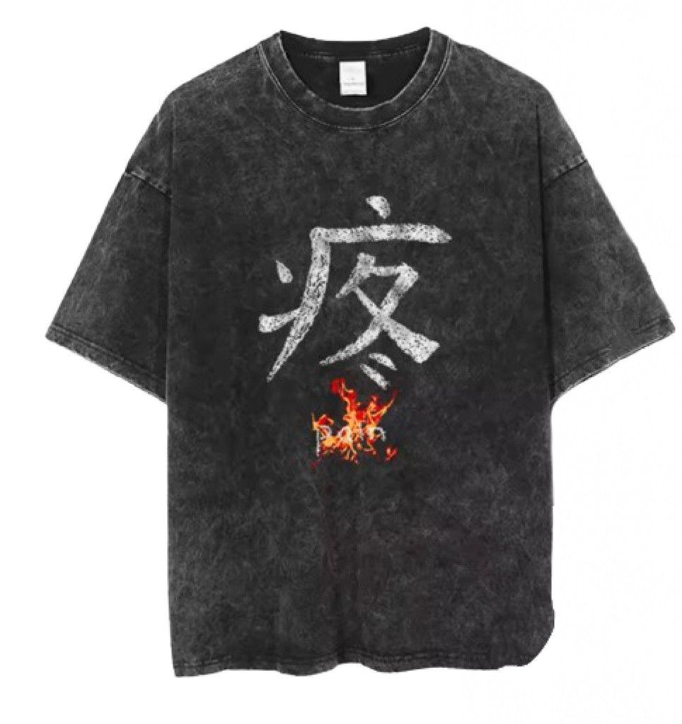 Japanese Brand Y2k Vintage Chinese Word Pain Fire Print Washed T Shirt Hoodie, Sweatshirt | PodTeesHub.com