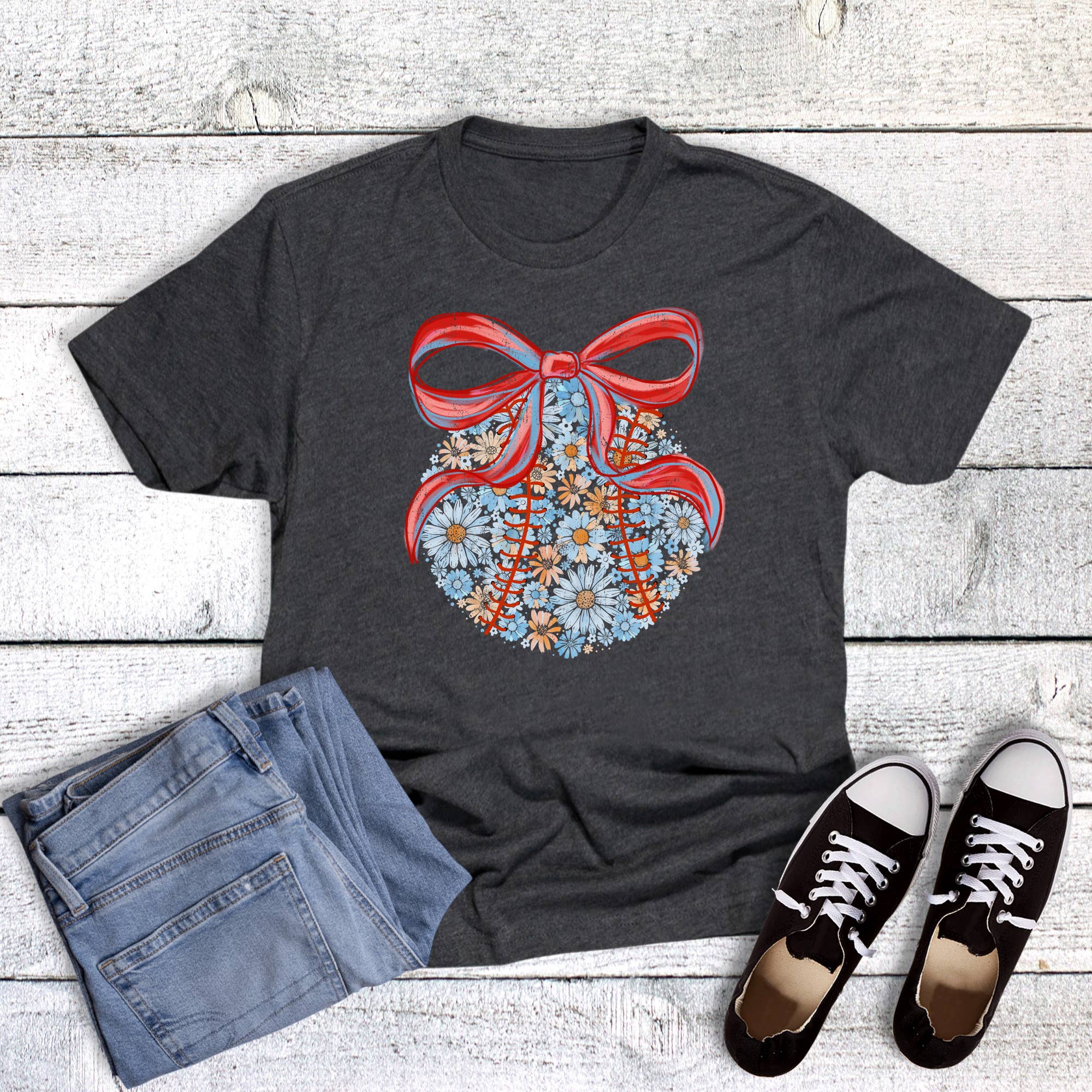 Floral Baseball Coquette Bow Graphic Tee Hoodie, Sweatshirt | PodTeesHub.com