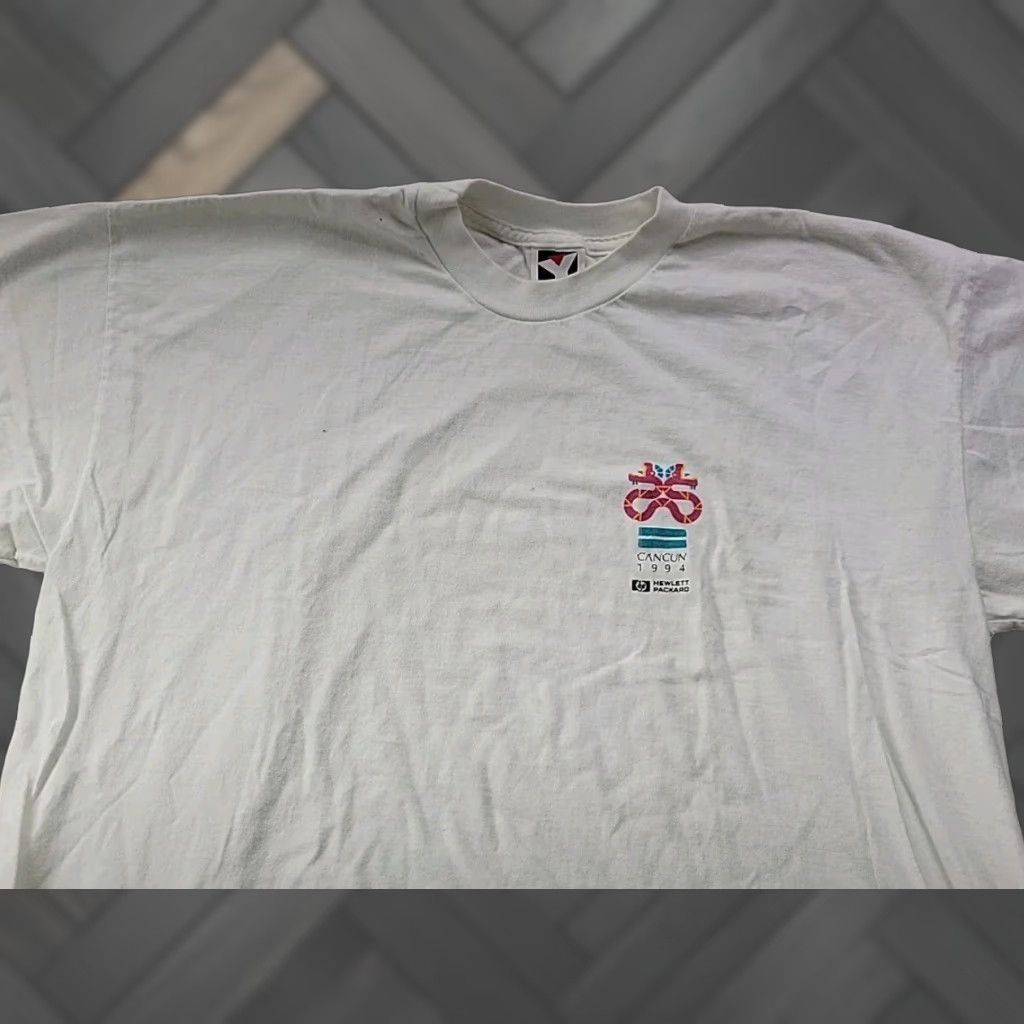 Vintage Unisex Xl Graphic Tourist Tee Cancun Hewlett Packard 1994 White Cotton Short Sleeve Hoodie, Sweatshirt