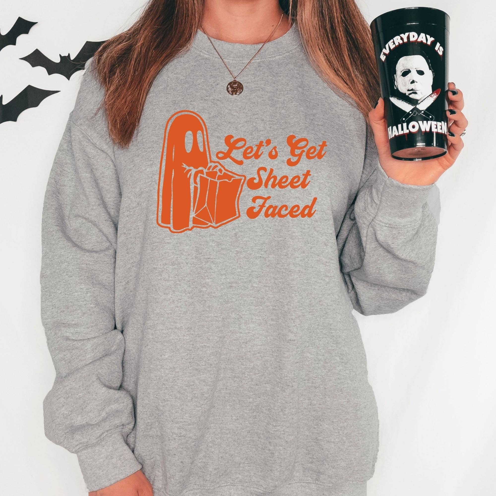 Sheet Faced Halloween Drinking Crewneck Sweatshirt T-Shirts, Hoodie | PodTeesHub.com