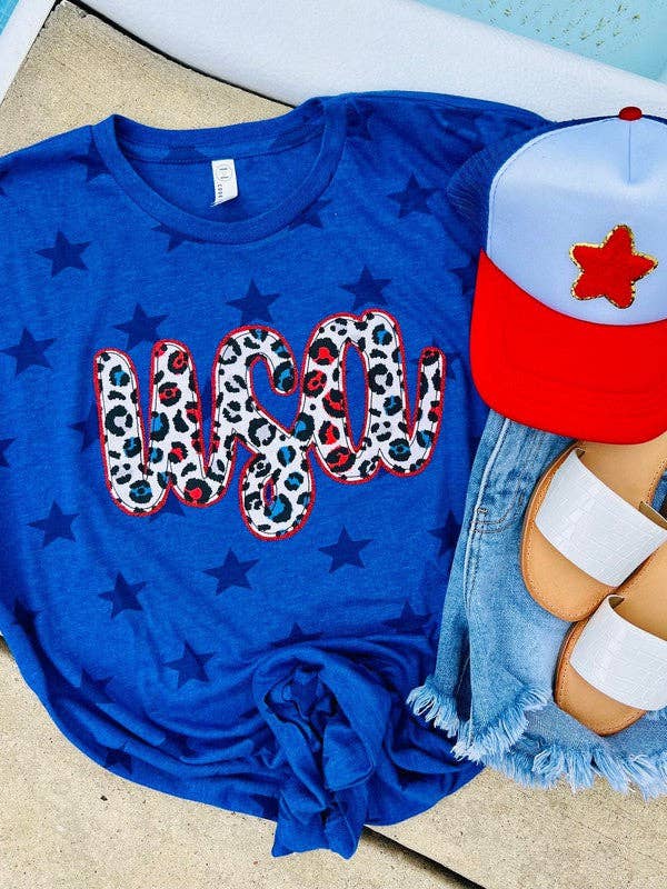 USA Cursive Leopard Applique Star Tee Hoodie, Sweatshirt | PodTeesHub.com