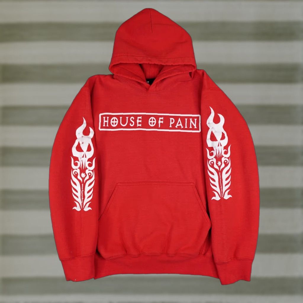 Vintage House Of Pain Hoodie Mens S Red 90s Skater Grunge Hip Hop Graphic Print Hooded Sweat T-Shirts, Sweatshirt