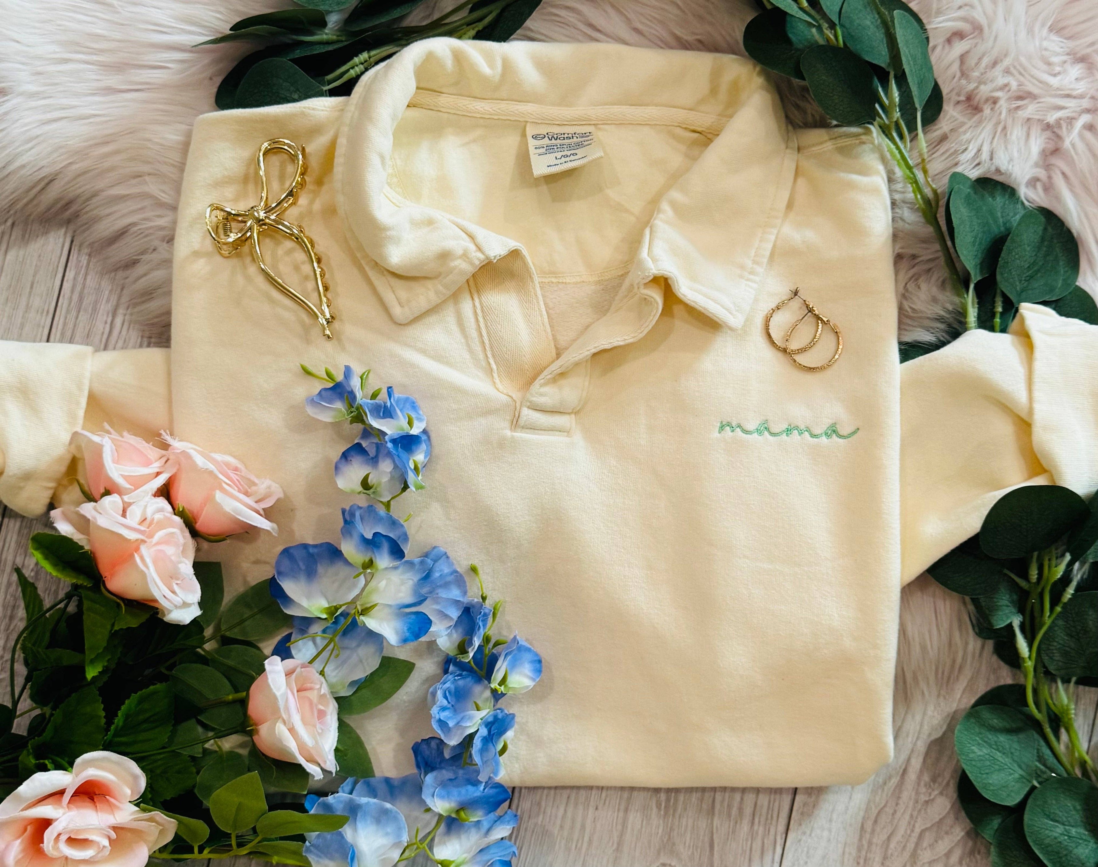 Chambray Dainty Mama Embroidered Split Neck Sweatshirt T-Shirts, Hoodie | PodTeesHub.com