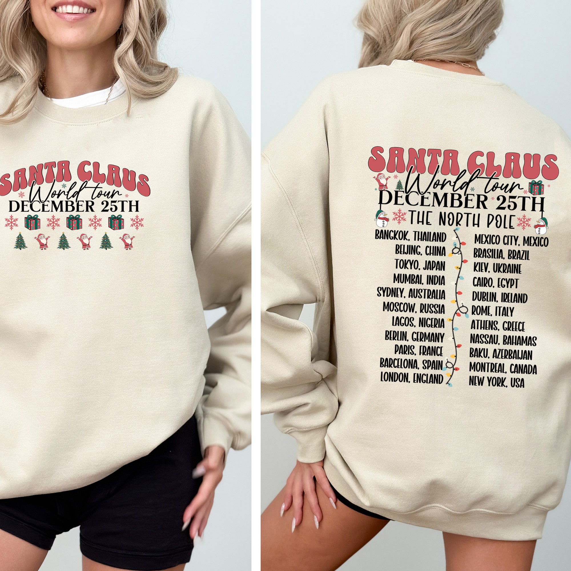 Santa Claus, World Tour, Christmas Front and Back Sweatshirt T-Shirts, Hoodie | PodTeesHub.com