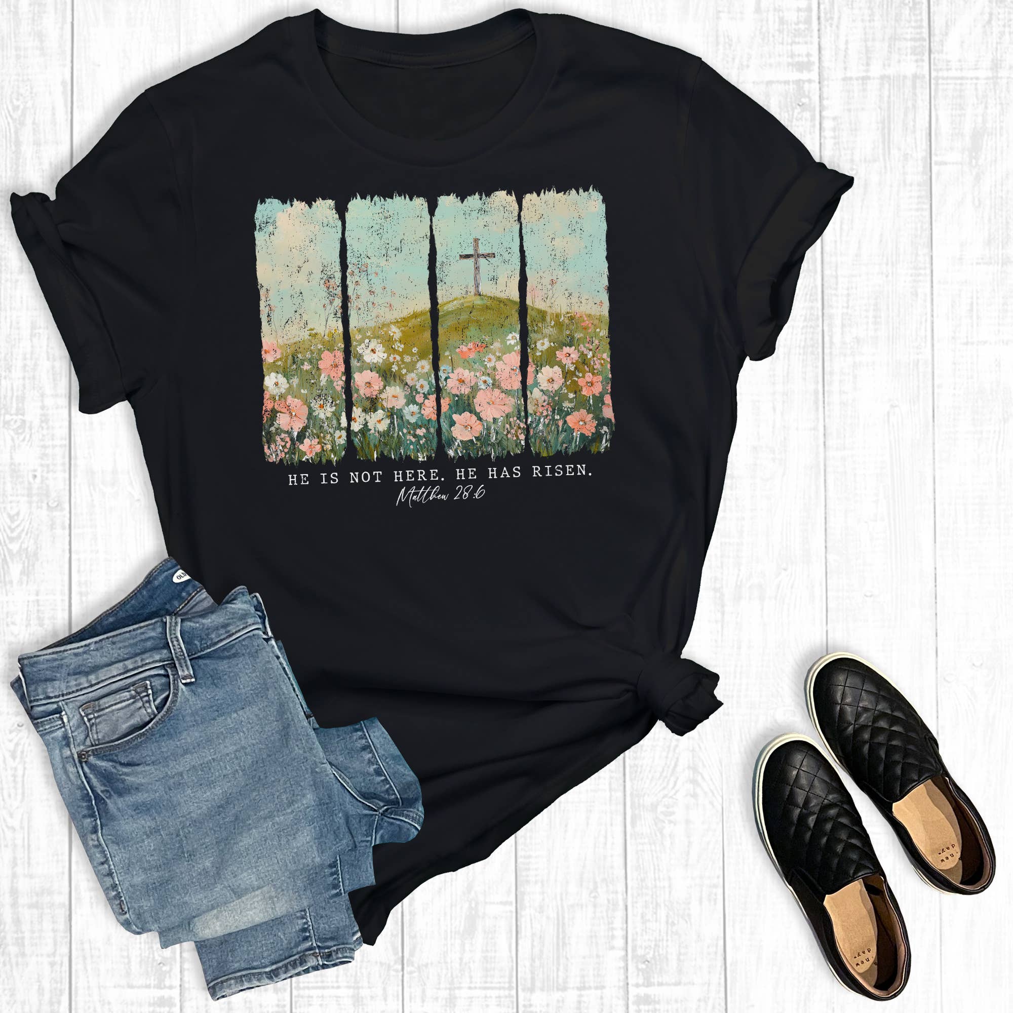 Retro He Is Risen Cross Graphic Tee Hoodie, Sweatshirt | PodTeesHub.com
