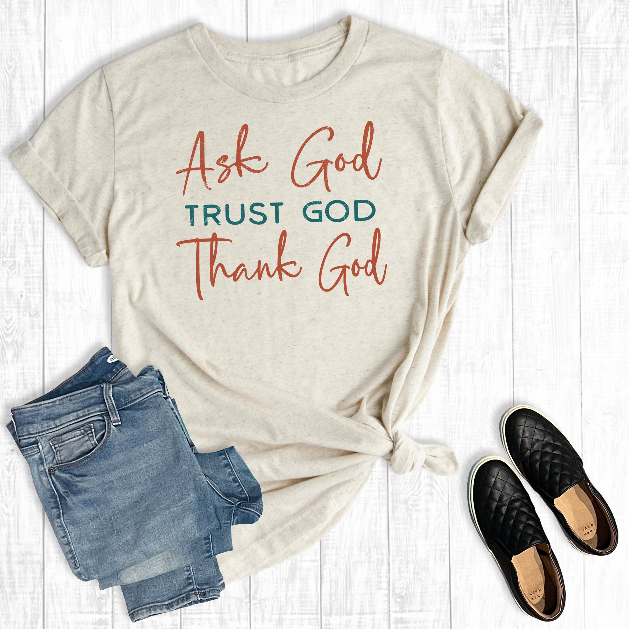 Retro Faith Ask God Trust God Thank God Graphic Tee Hoodie, Sweatshirt | PodTeesHub.com