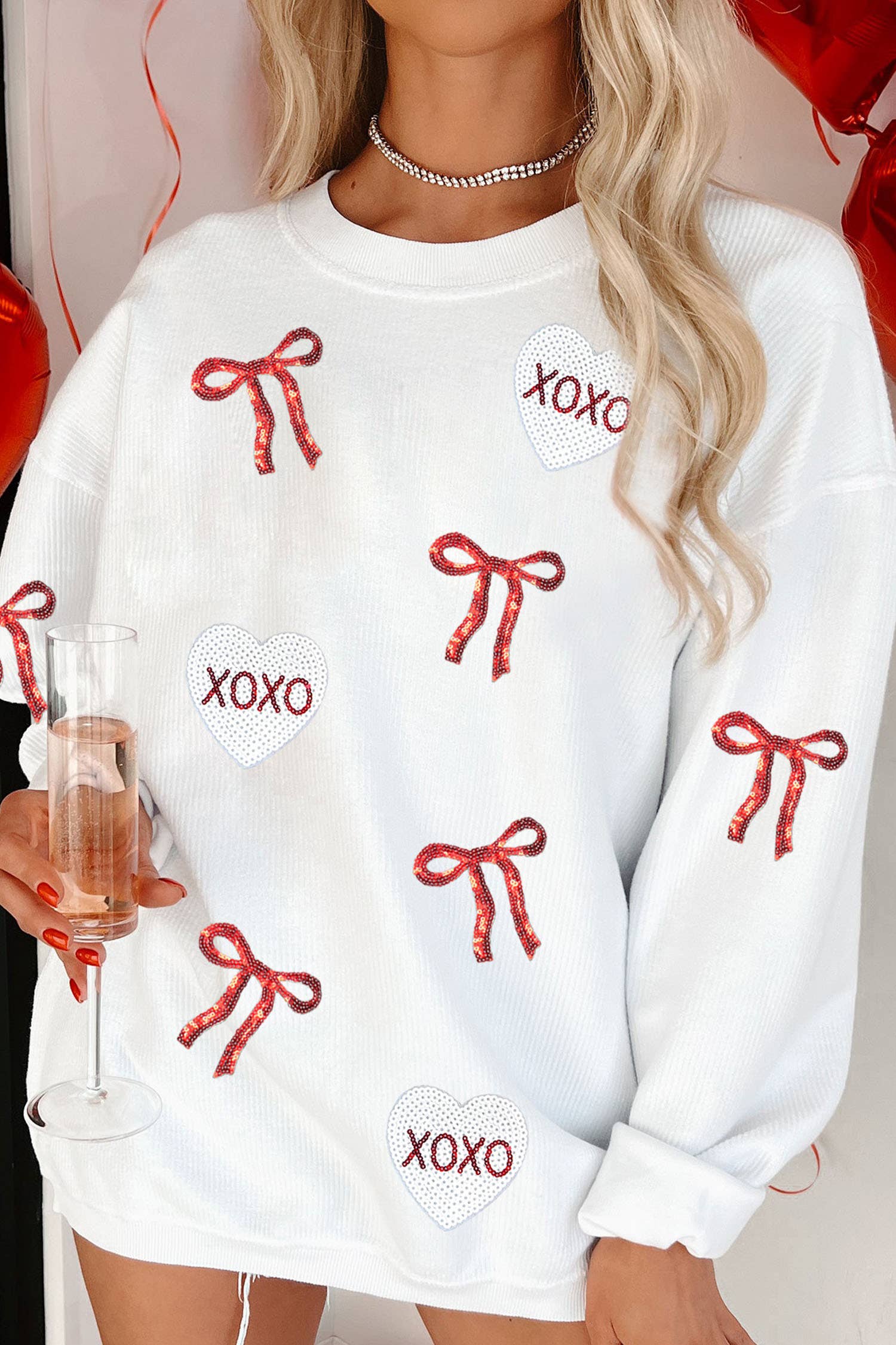 Sequin Bow Xoxo Heart Patched Corded Rib Sweatshirt (S-3XL) T-Shirts, Hoodie | PodTeesHub.com
