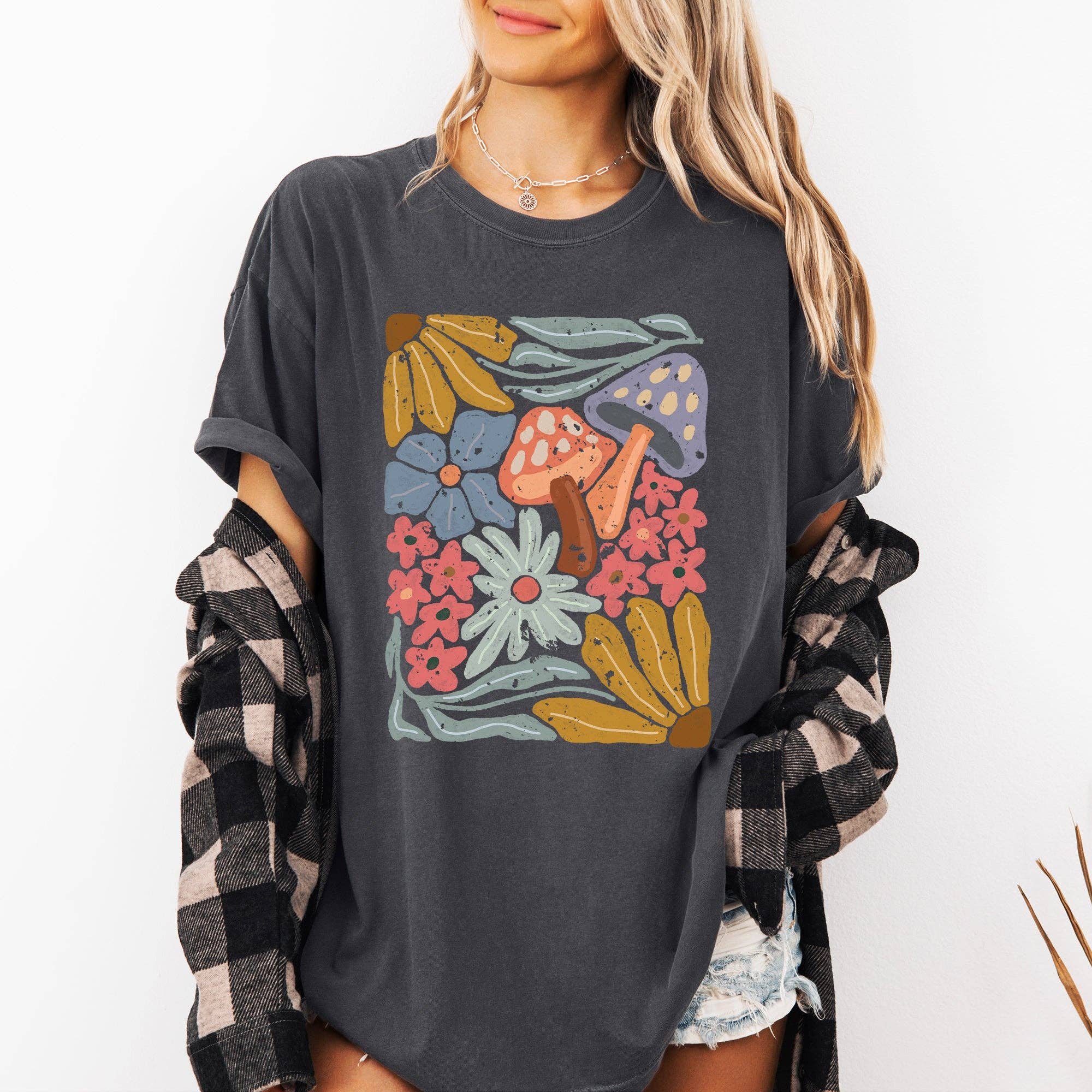 Retro Flowers, Mushrooms, Floral Comfort Colors T-Shirt Hoodie, Sweatshirt | PodTeesHub.com