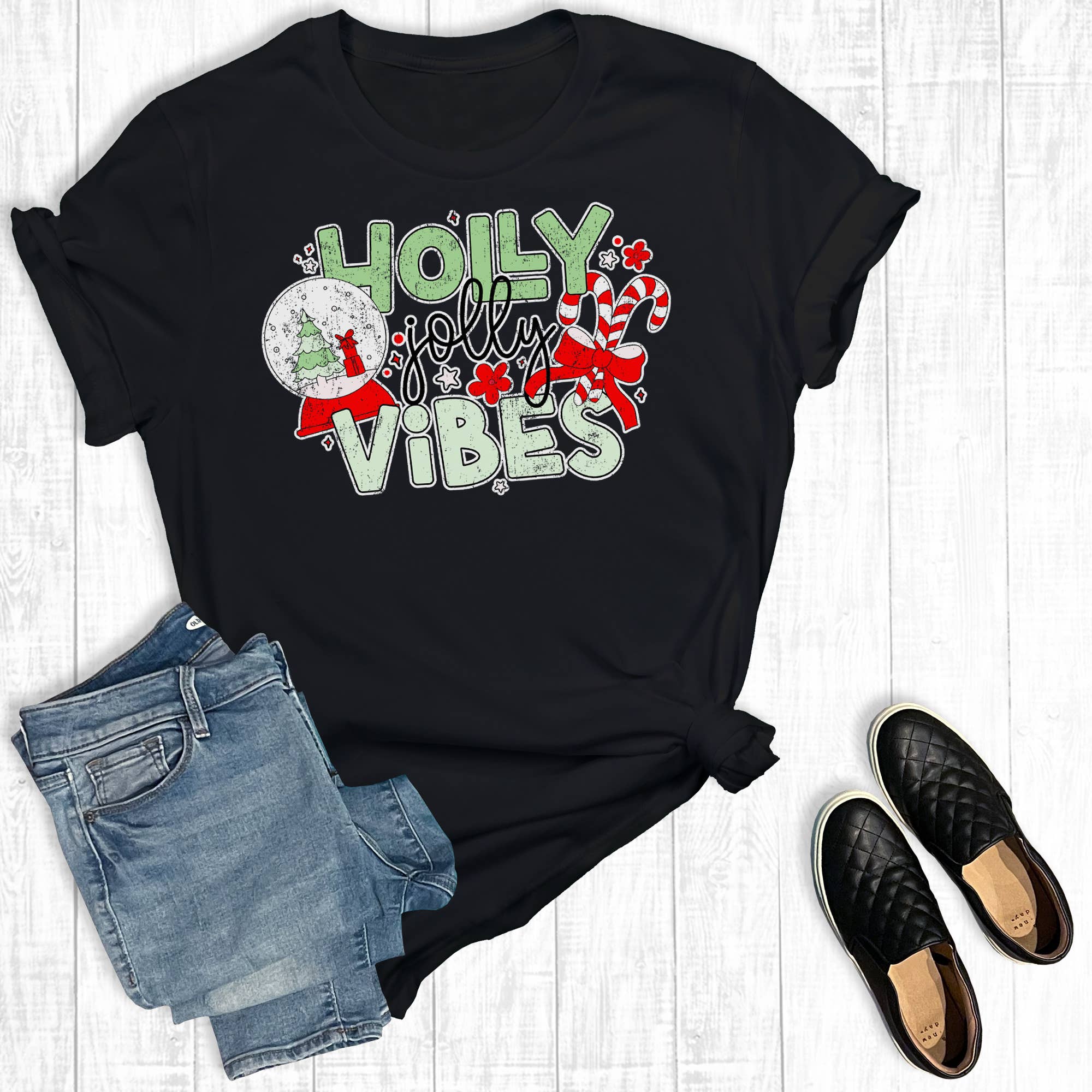 Christmas Holly Jolly Vibes Graphic Tee Hoodie, Sweatshirt | PodTeesHub.com