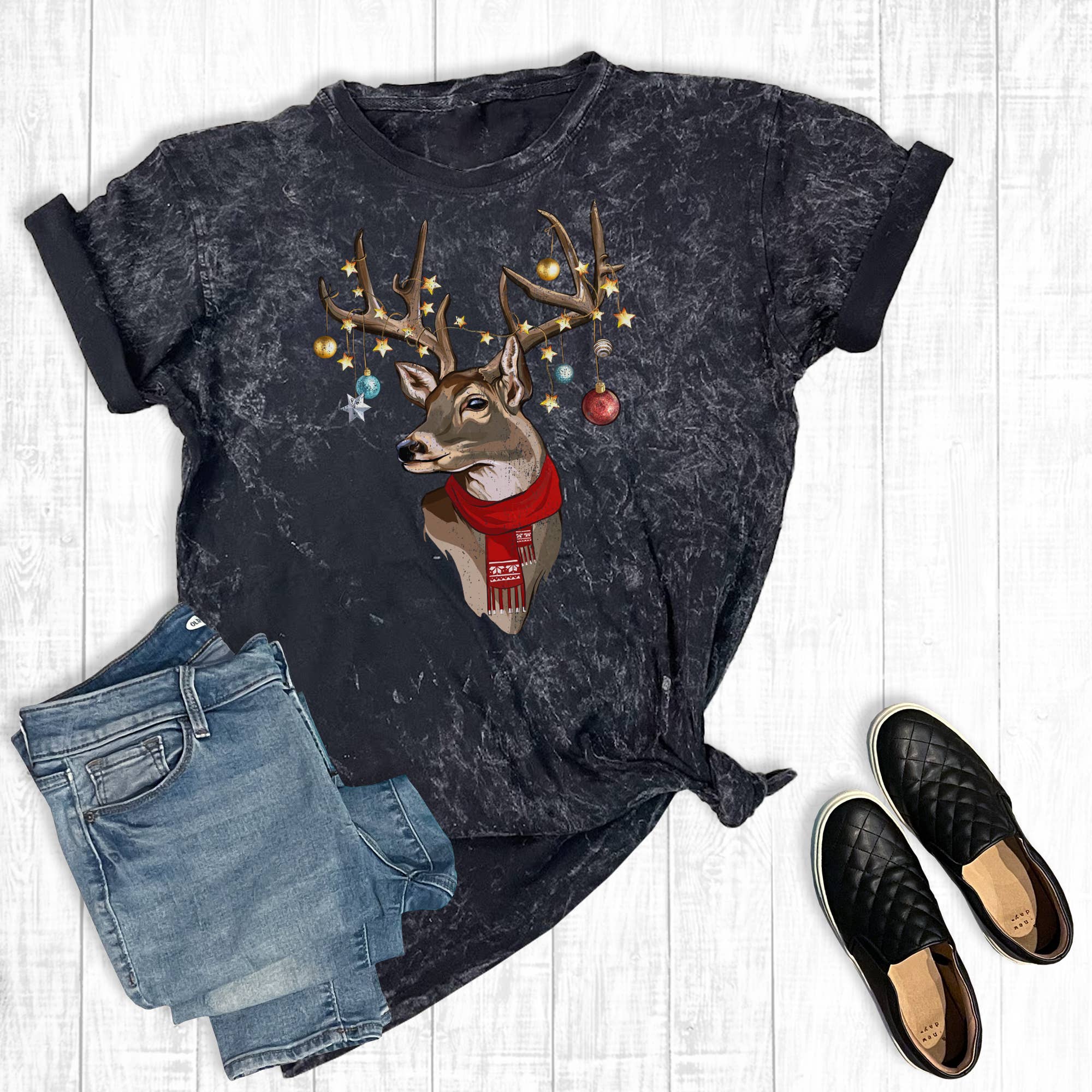 Merry Christmas Deer Mineral Wash Graphic Tee Hoodie, Sweatshirt | PodTeesHub.com