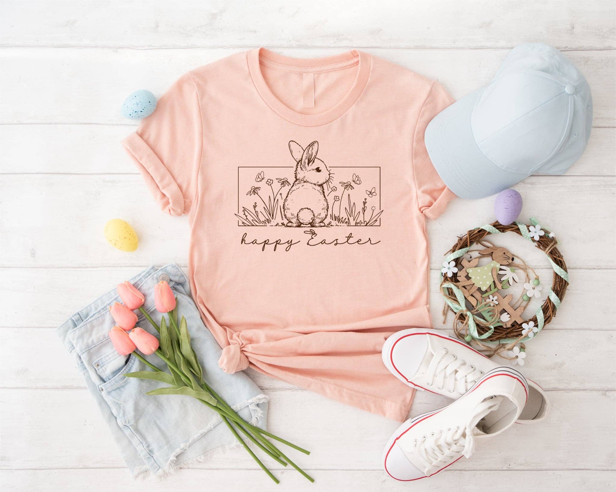 New Happy Easter Peach Bunny Bella Spring 2026 Graphic Tee Hoodie, Sweatshirt | PodTeesHub.com