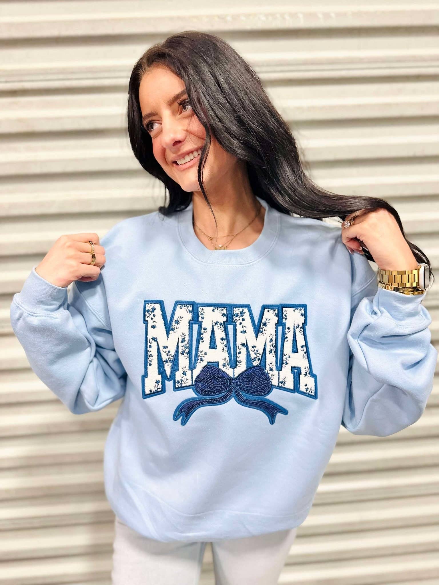 Navy Chino Mama Bow Patch Sweatshirt T-Shirts, Hoodie | PodTeesHub.com