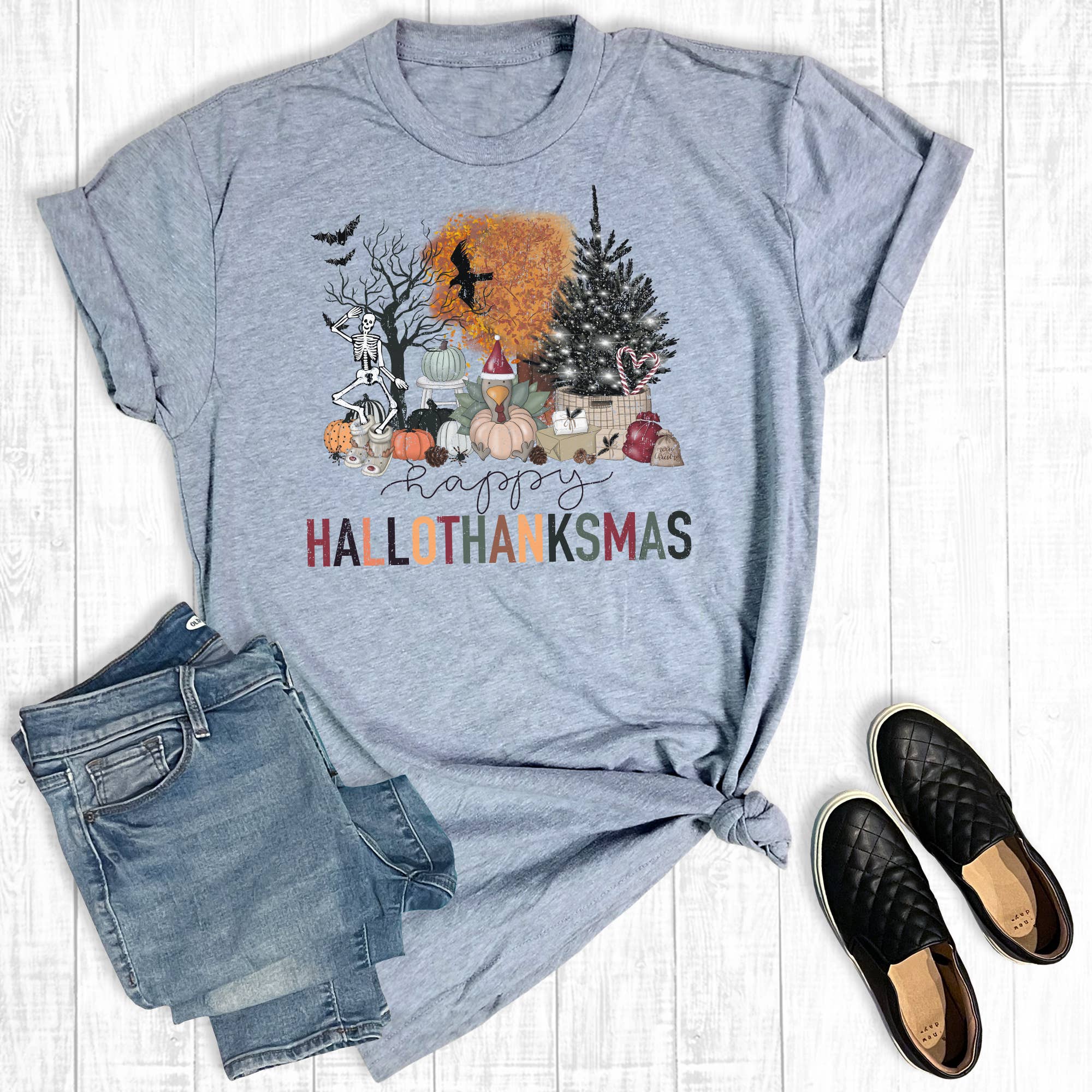 Holiday Happy Hallowthankmas Graphic Tee Hoodie, Sweatshirt | PodTeesHub.com