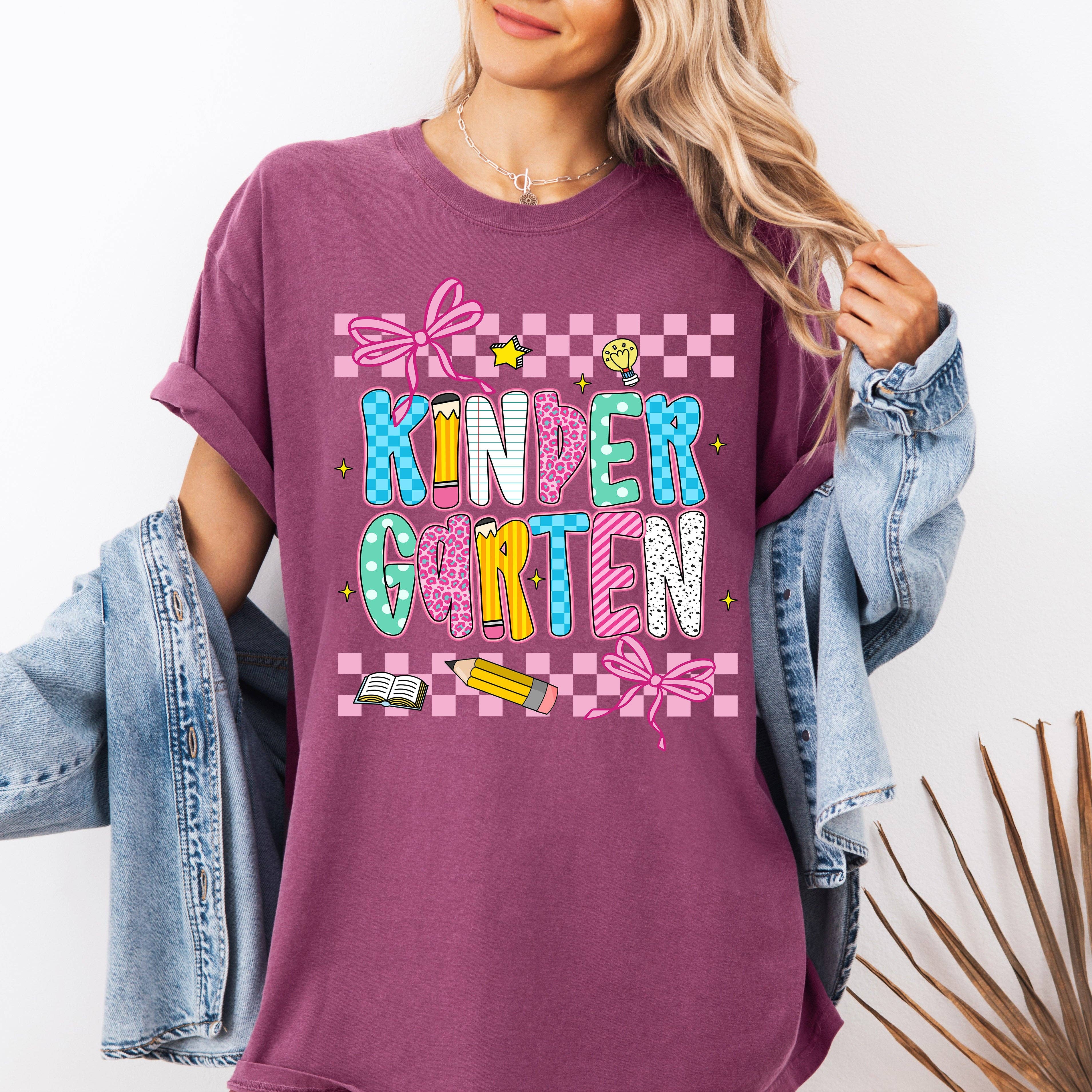 Kindergarten, Teacher Back To School Checkered, Bow, T-Shirt Hoodie, Sweatshirt | PodTeesHub.com