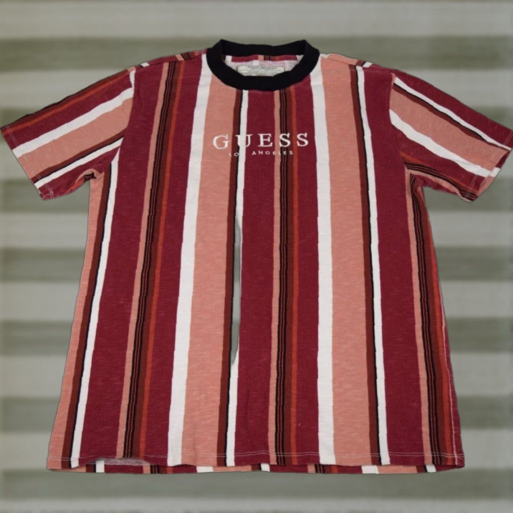 Vintage Guess Los Angeles S M Navy Blue 1990s 2000s Maroon Peach Vertical Stripe T-Shirts, Hoodie, Sweatshirt