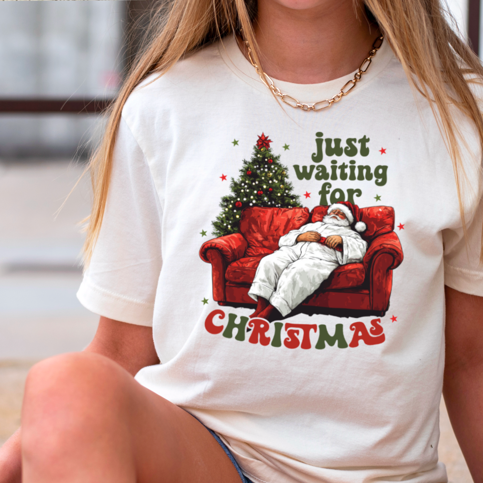 Just Waiting On Christmas 2025 Graphic Tee | Gildan Hoodie, Sweatshirt | PodTeesHub.com