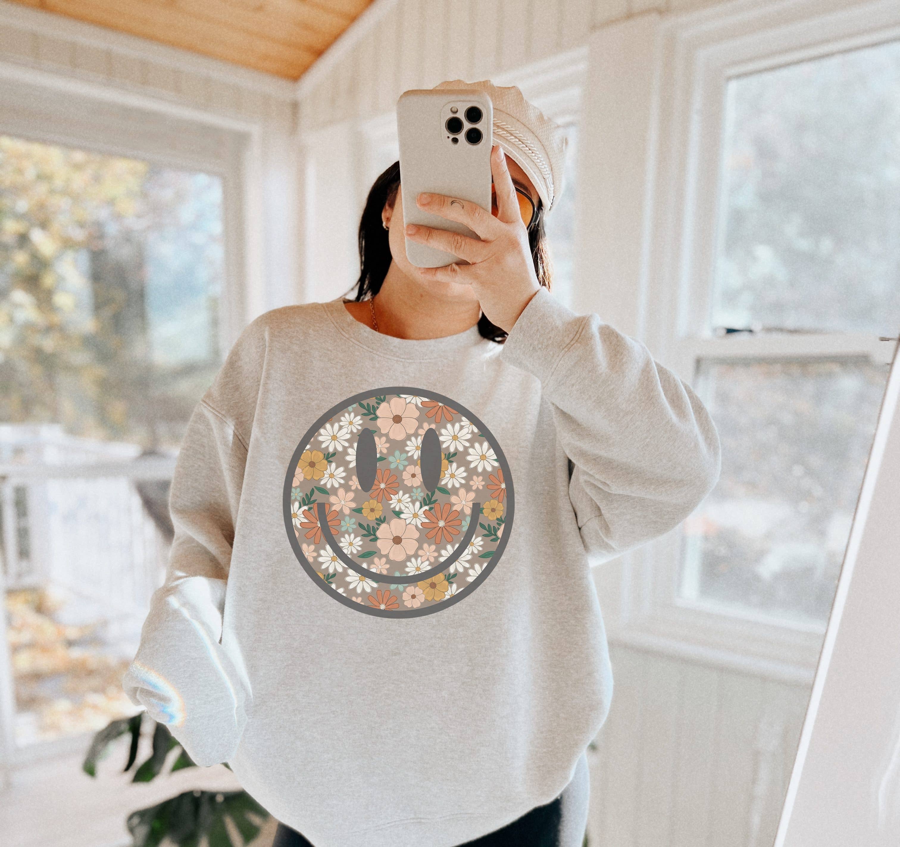 Floral Happy Face Crew Neck Sweatshirt T-Shirts, Hoodie | PodTeesHub.com