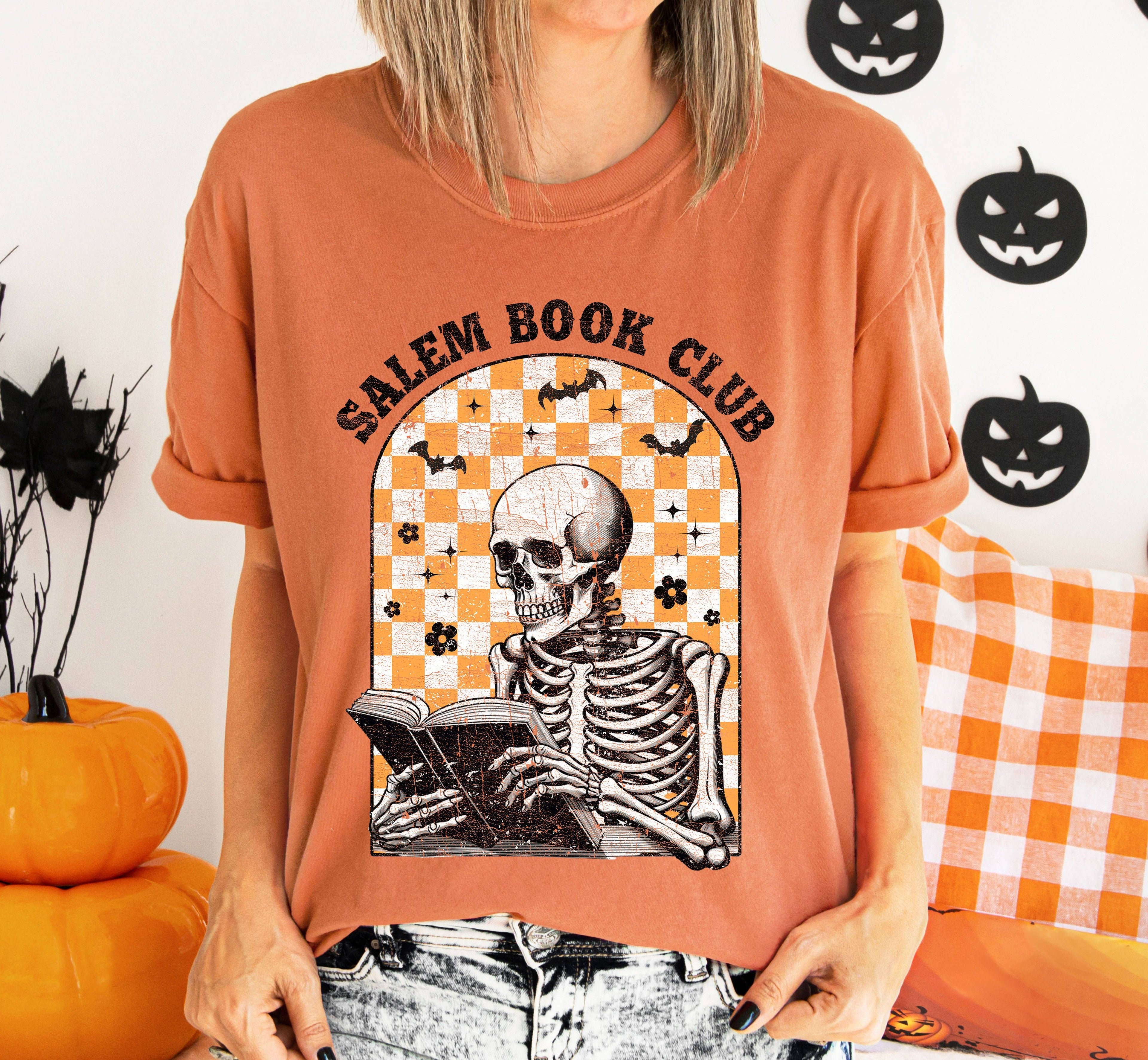 Salem Book Club Skeleton, Checkered, Retro, Aesthetic, Vintage, Comfort Colors Tshirt Hoodie, Sweatshirt | PodTeesHub.com