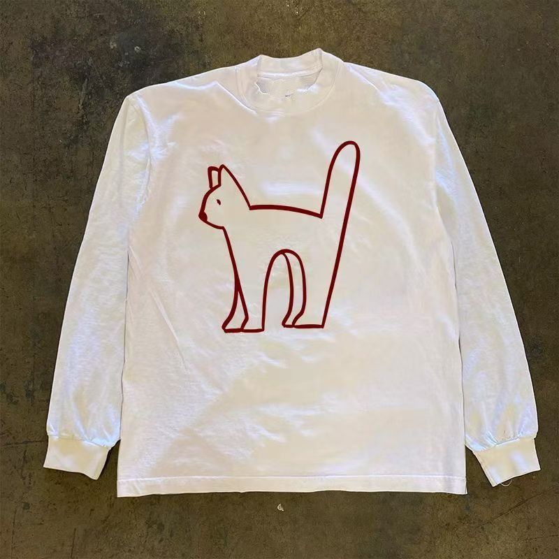 Japanese Brand White Washed Vintage Cat Print Long Sleeved T Shirt Hoodie, Sweatshirt | PodTeesHub.com