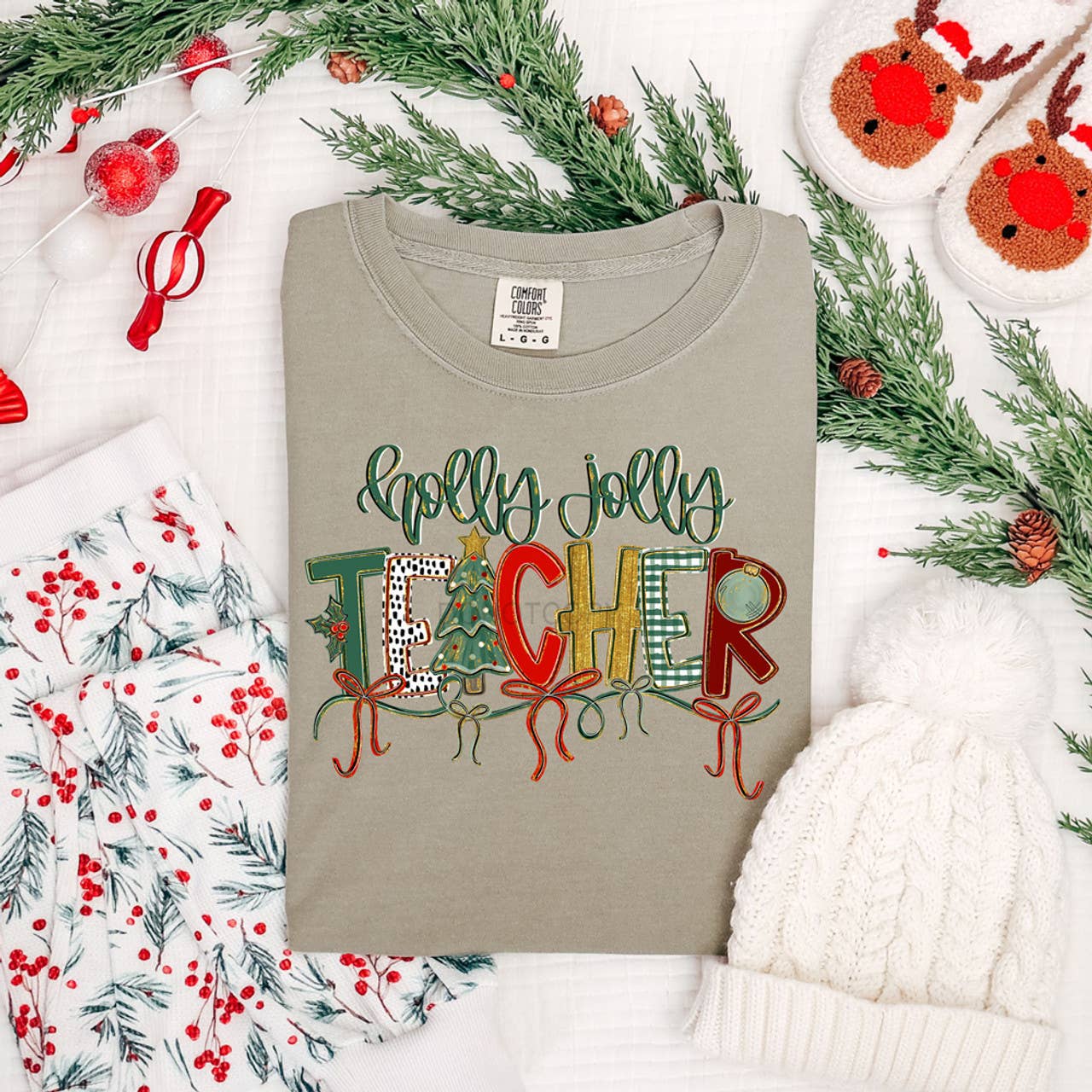 Holly Jolly Teacher Patterned Tee Hoodie, Sweatshirt | PodTeesHub.com