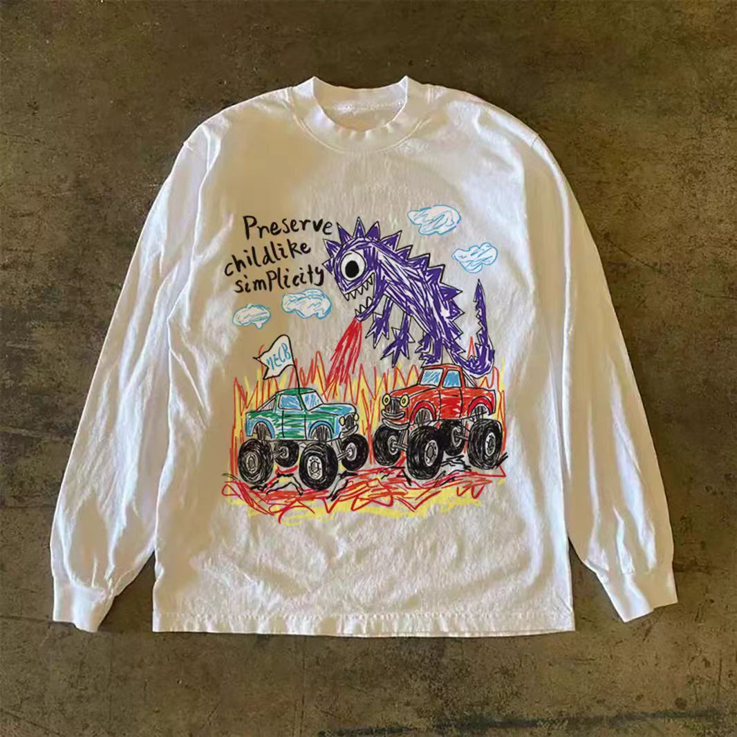 Vintage White Casual Retro Monster Print Long Sleeved T Shirt Hoodie, Sweatshirt | PodTeesHub.com