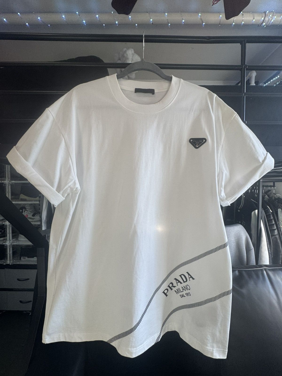 Prada Milano White Crew Neck Metal Stamped Triangle Logo Tee Hoodie, Sweatshirt | PodTeesHub.com