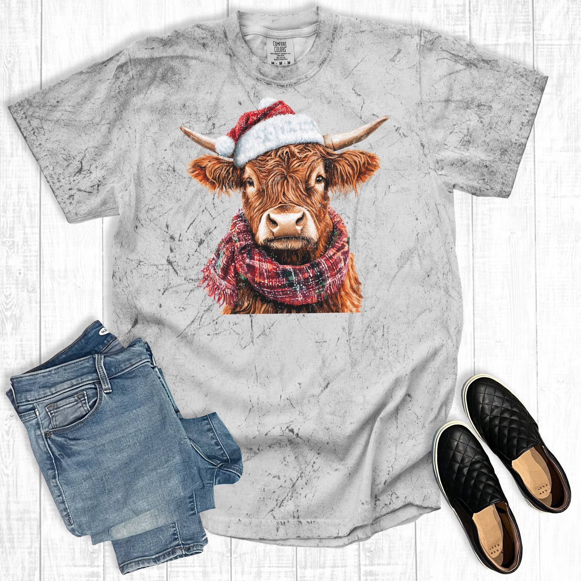Western Christmas Highland Cow Comfort Colors Graphic Tee Hoodie, Sweatshirt | PodTeesHub.com