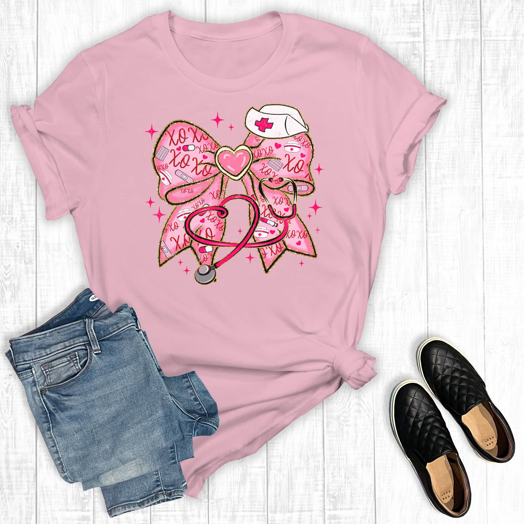 Valentines Nurse Bow Graphic Tee Hoodie, Sweatshirt | PodTeesHub.com