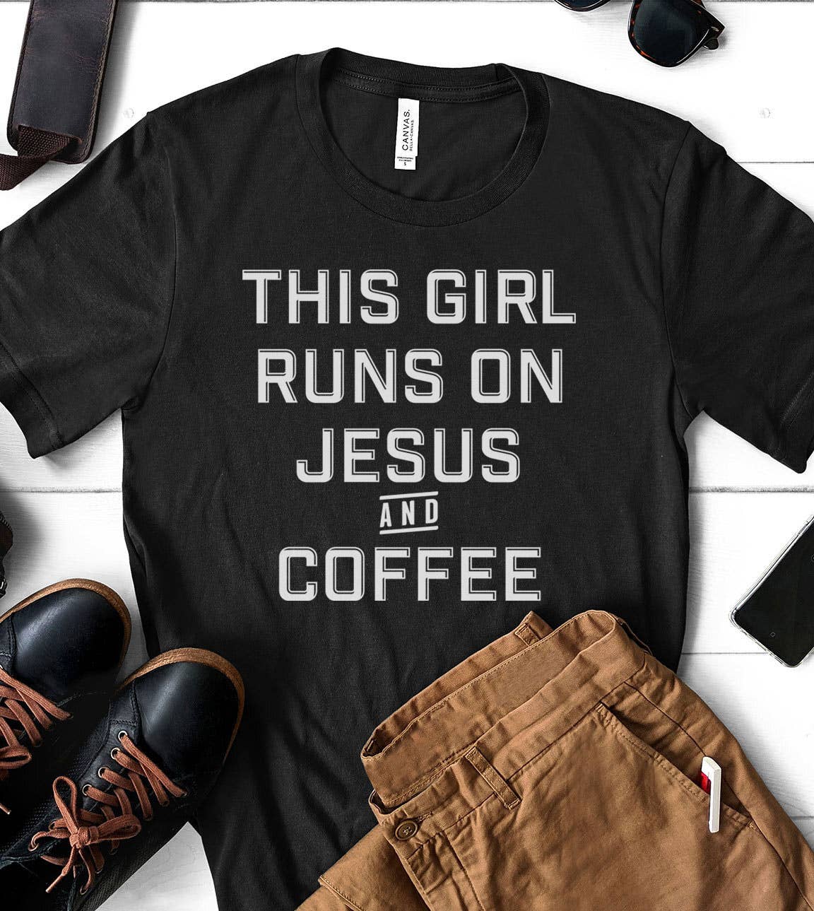 This Girl Runs On Jesus and Coffee - Fun Cute Sassy T-Shirt Hoodie, Sweatshirt | PodTeesHub.com