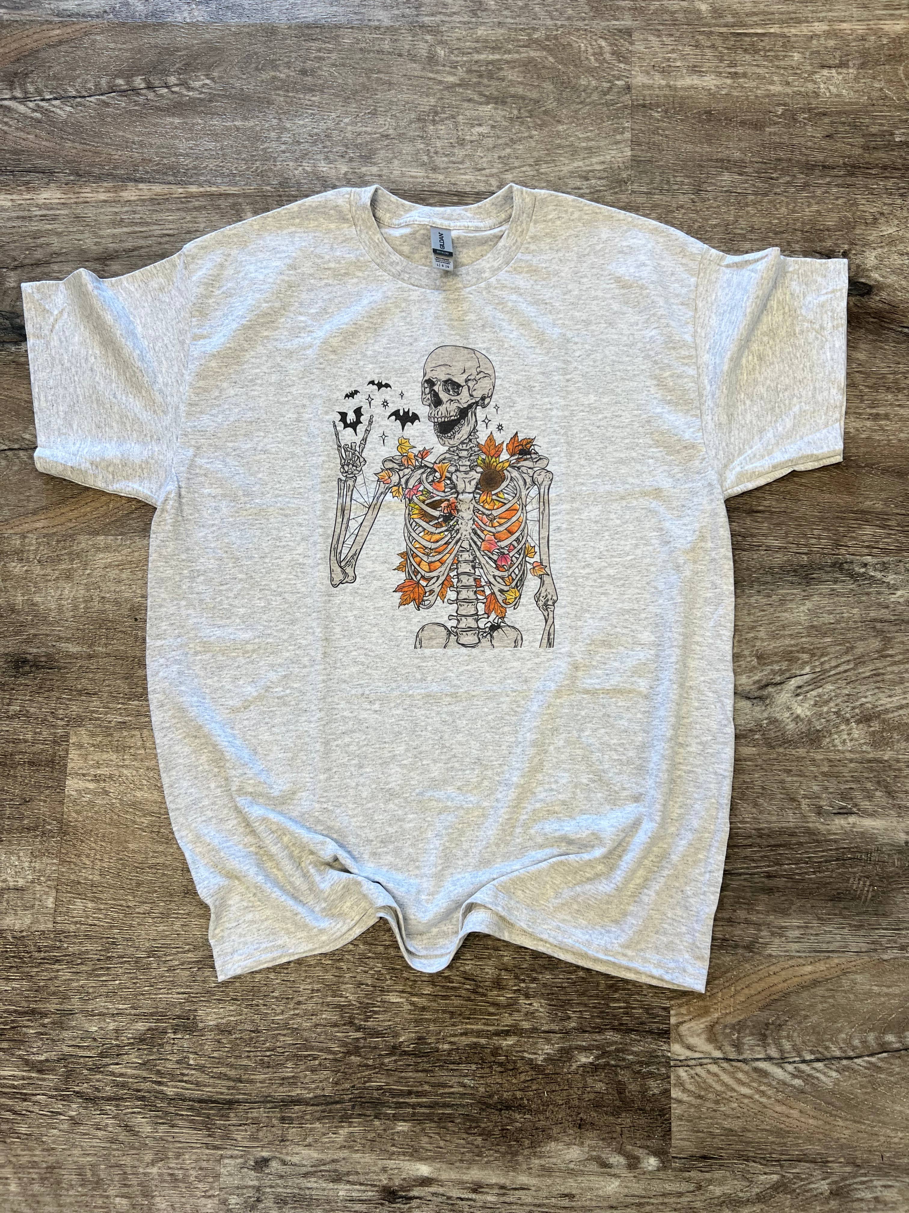 Floral Skeleton with Spiders and Bats On Ash Gray Tee Hoodie, Sweatshirt | PodTeesHub.com