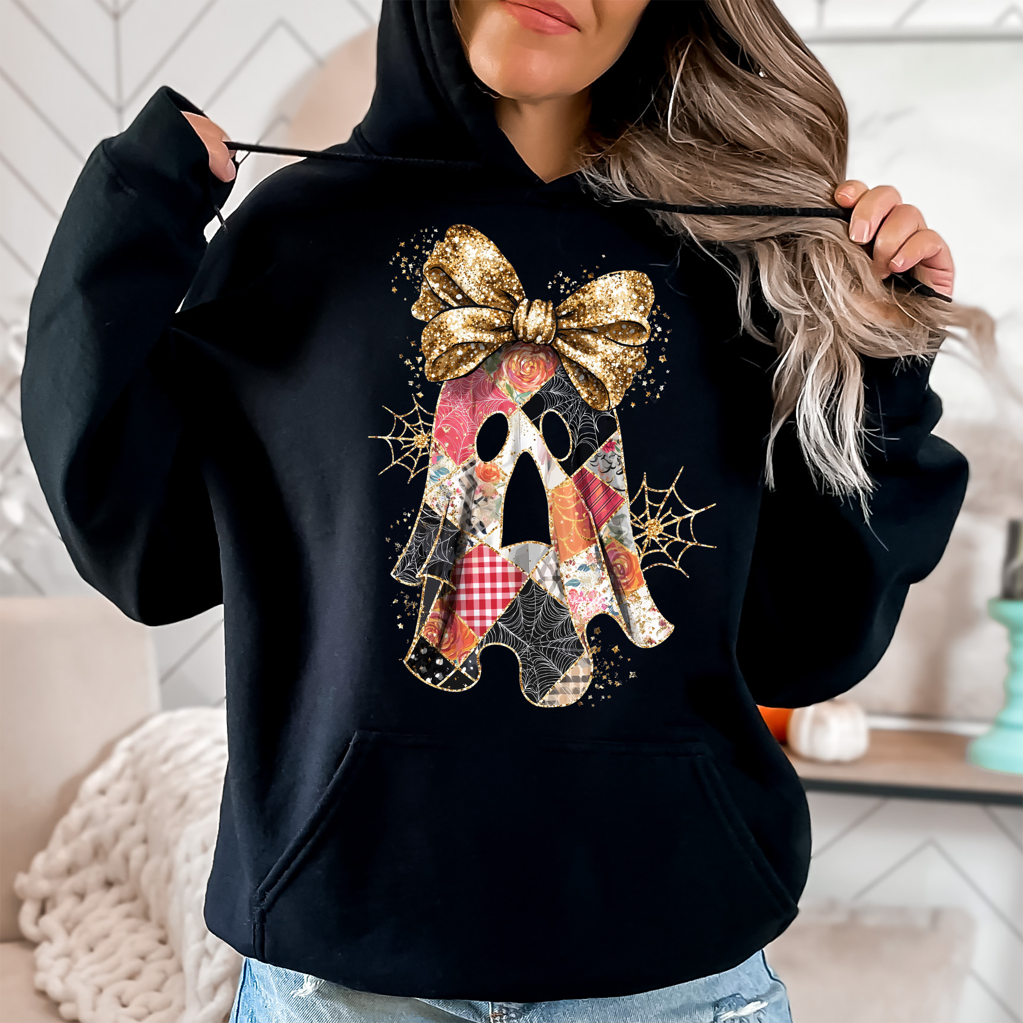 Faux Glitter Patchwork Ghost Shirt, Spooky Coquette Hoodie Sweatshirt | PodTeesHub.com