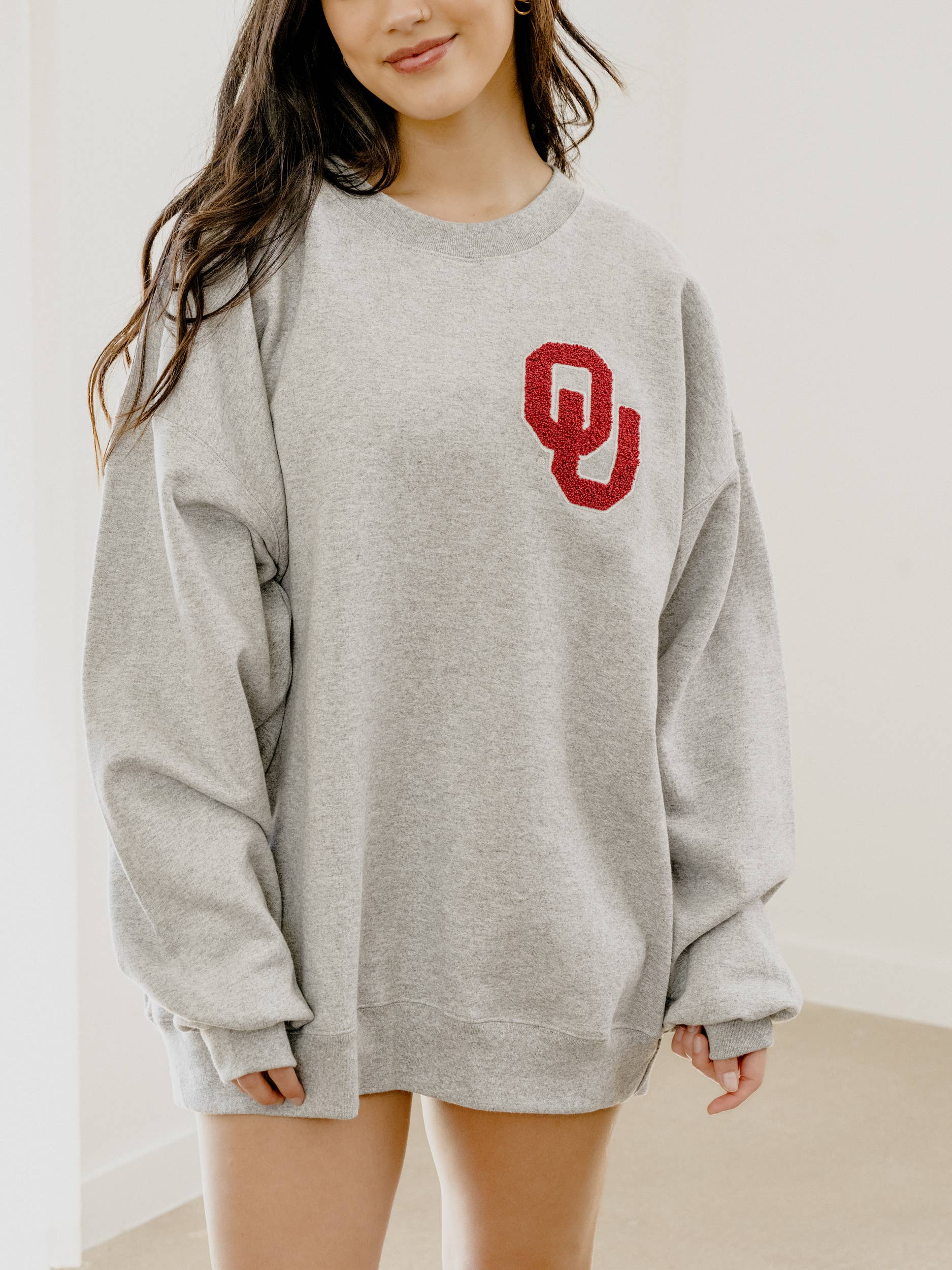Ou Oklahoma Sooners Chenille Patch Ash Gray Sweatshirt T-Shirts, Hoodie | PodTeesHub.com