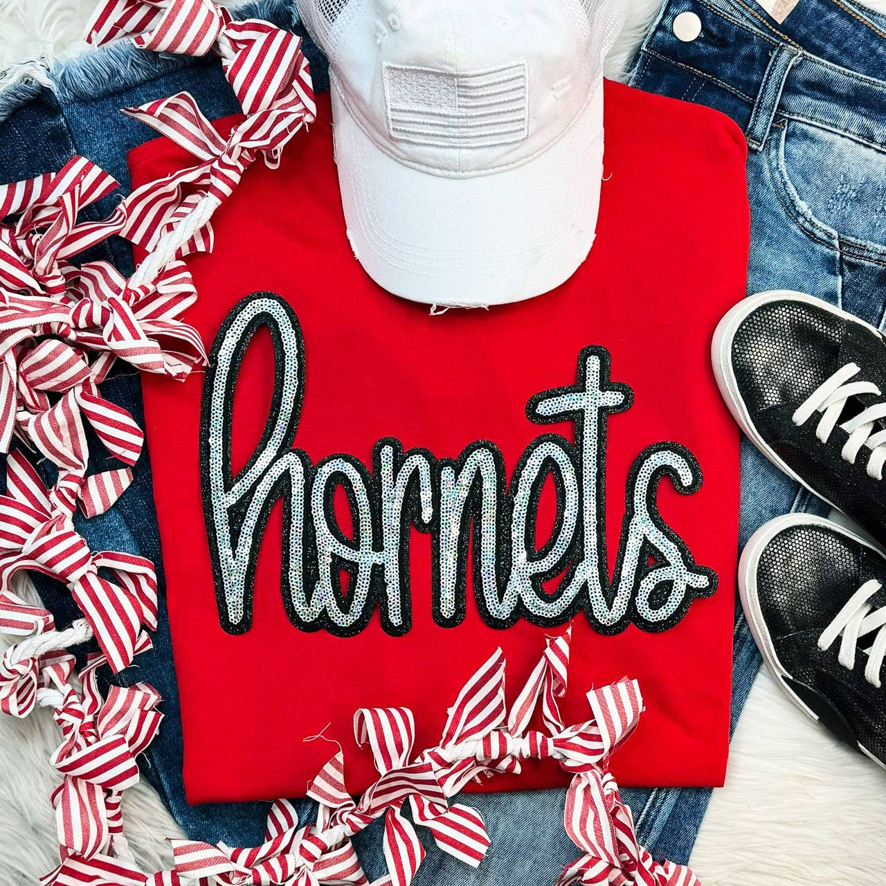 Hornets Sequin Patch Red Everyday Tee Hoodie, Sweatshirt | PodTeesHub.com