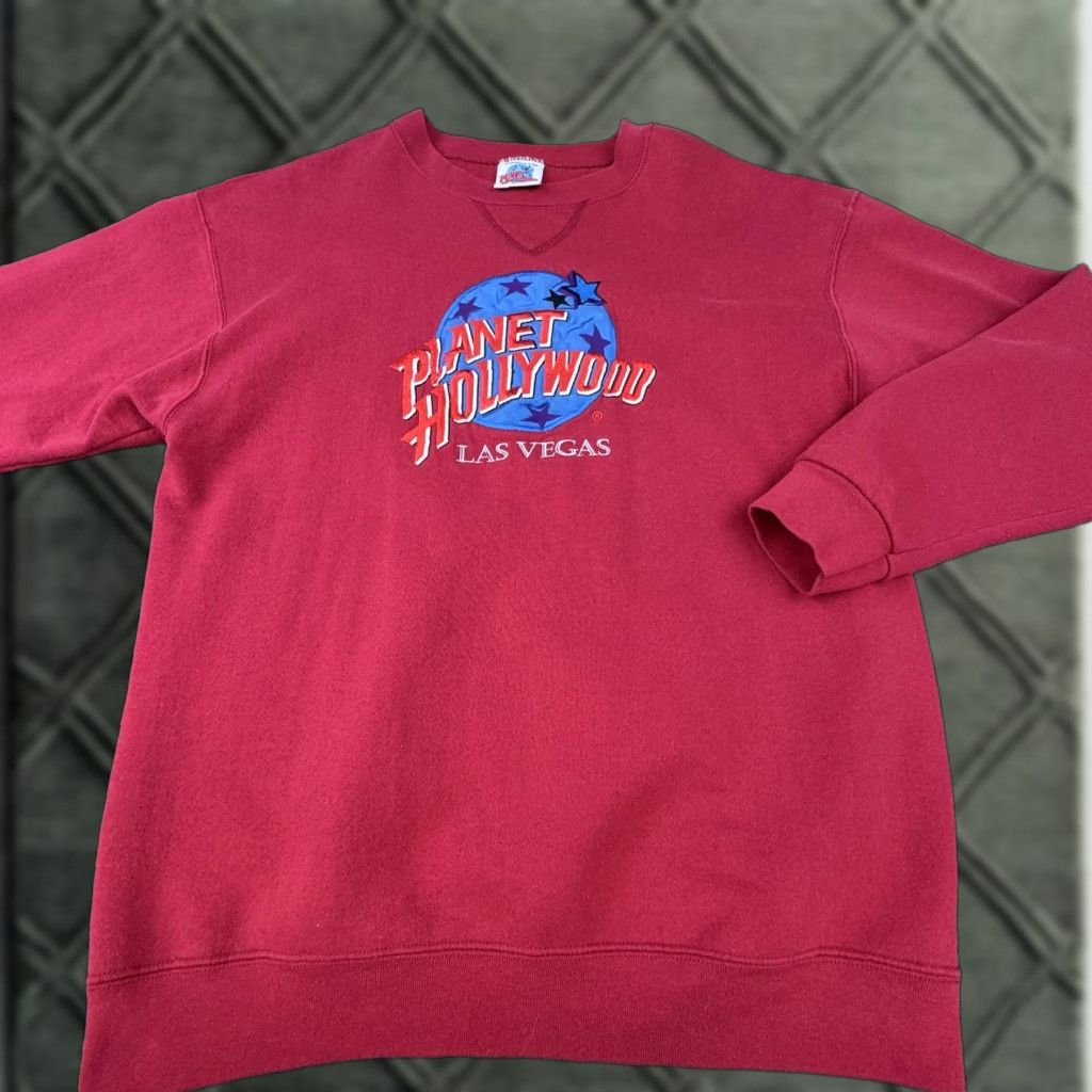 Hollywood Vintage Planet Hollywood Sweatshirt Mens Large Red Crewneck 90s Graphic Print Embro T-Shirts, Hoodie