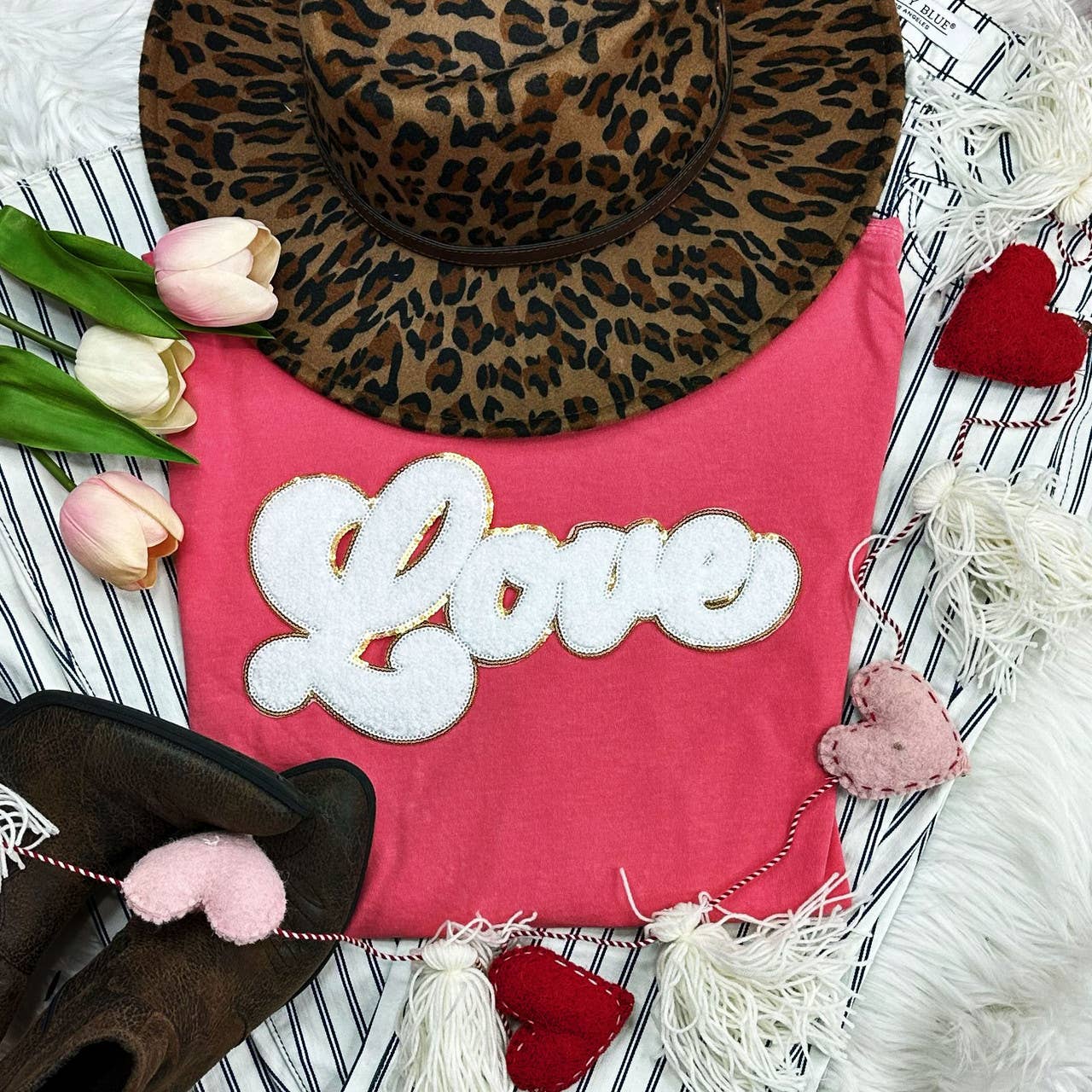 White Love Chenille Patch Pigment Dyed Tee Hoodie, Sweatshirt | PodTeesHub.com